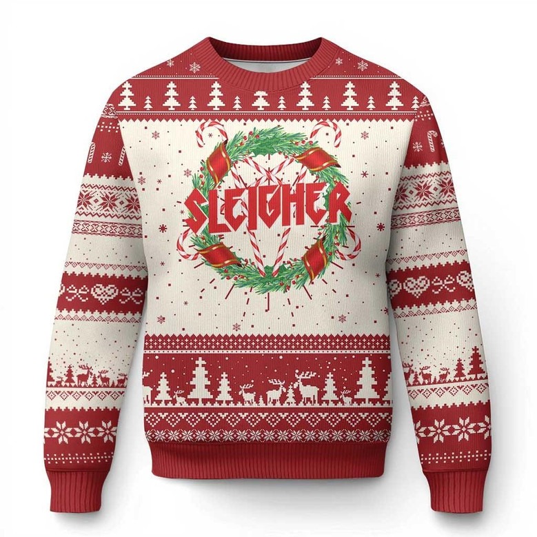Christmas Sleigher Ugly Holiday Jumper Pentagram Candy Cane And Wreath Sweaters Festive Gifts