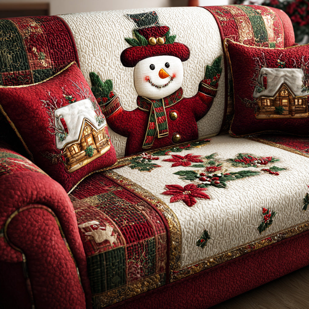 Christmas Snow Meadow Quilted Sofa Cover Holiday Living Decorations Gifts For Snowman Lovers