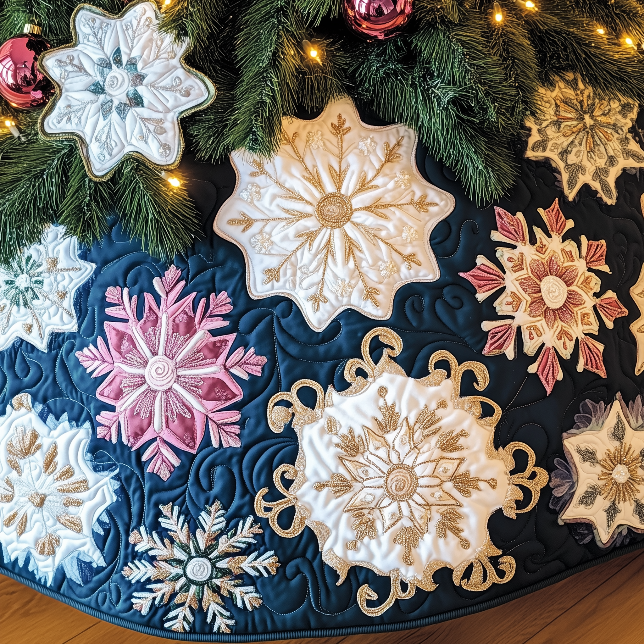 Christmas Snowflakes Quilted Tree Skirt Holiday Gift Merch