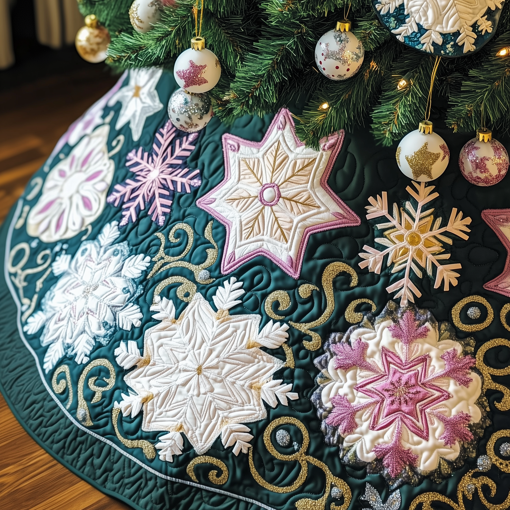 Christmas Snowflakes Quilted Tree Skirt Holiday Tree Skirt Xmas Tree Surround Base Cover Decorations Best Gifts