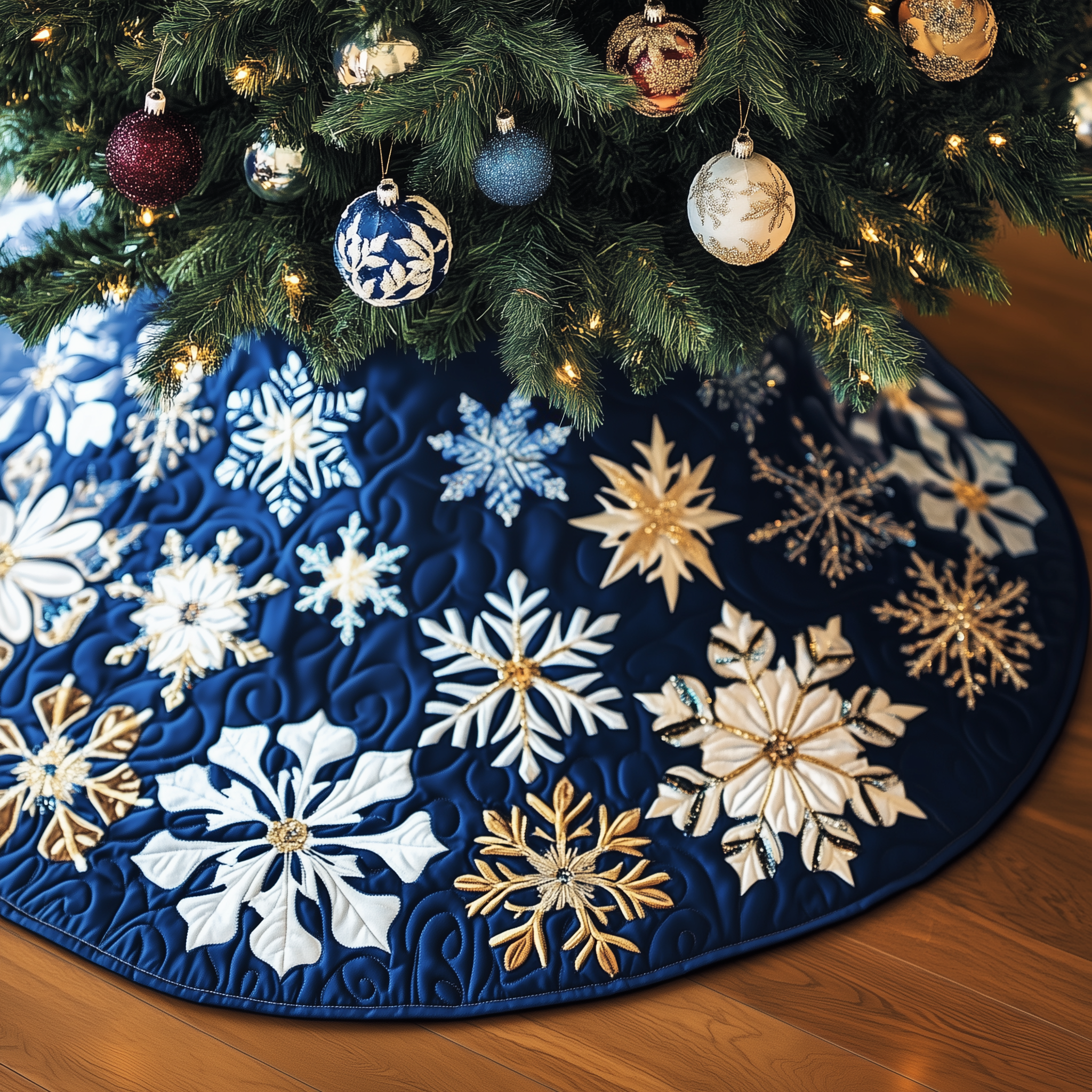 Christmas Snowflakes Quilted Tree Skirt Holiday Tree Skirt Xmas Tree Surround Base Cover Decorations Best Gifts