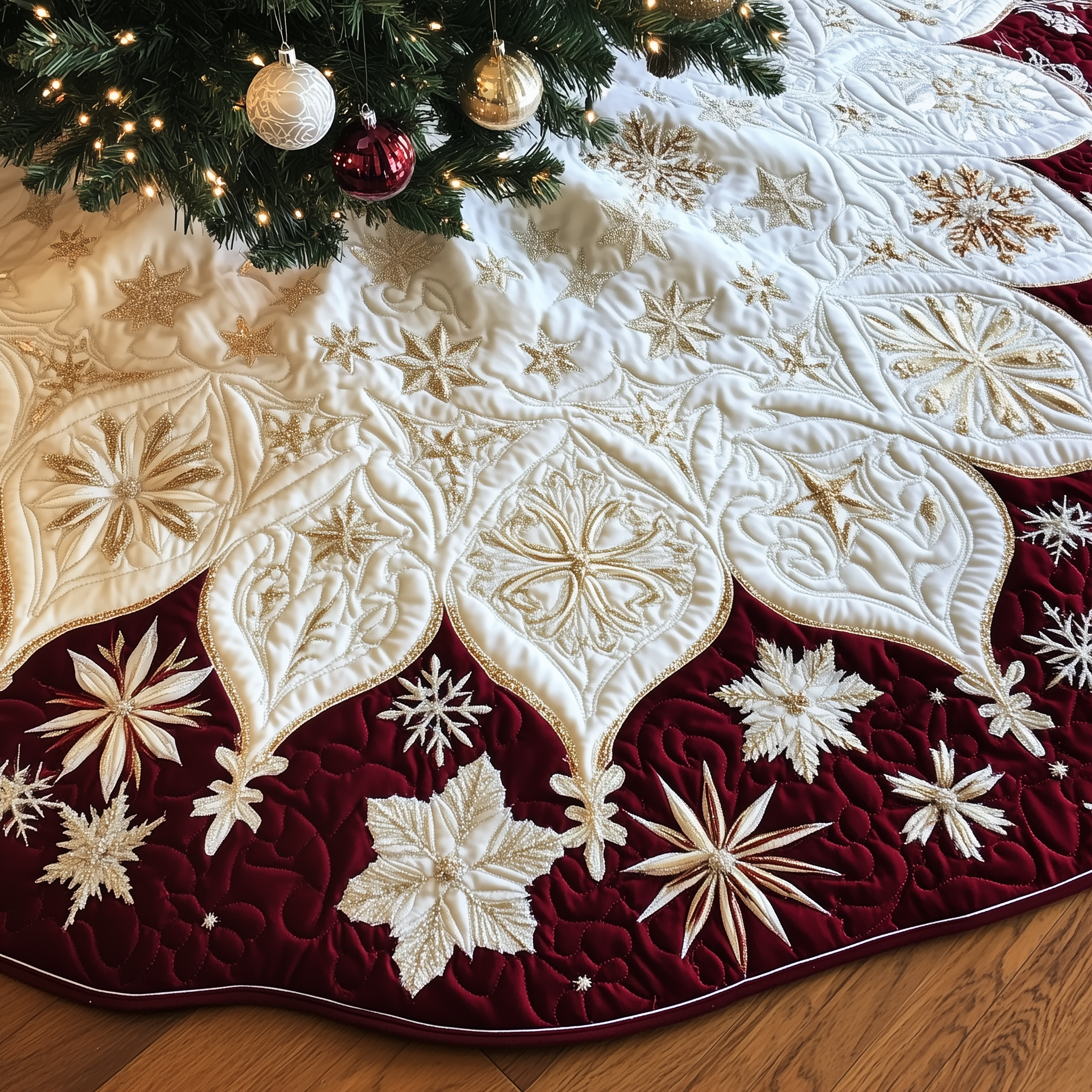 Christmas Snowflakes Quilted Tree Skirt Holiday Tree Skirt Xmas Tree Surround Base Cover Decorations Xmas Presents