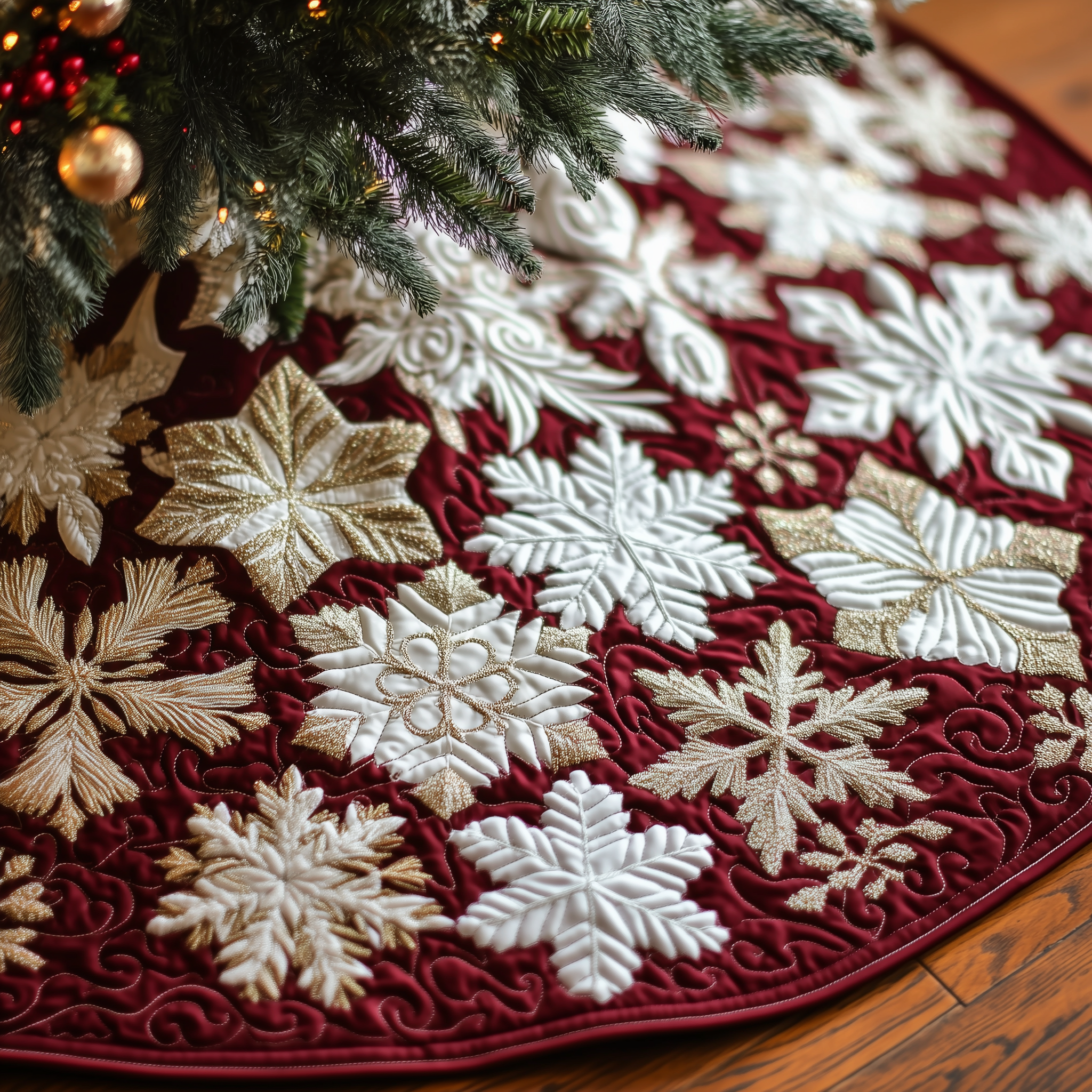 Christmas Snowflakes Quilted Tree Skirt Holiday Tree Skirt Xmas Tree Surround Base Cover Decorations Xmas Presents