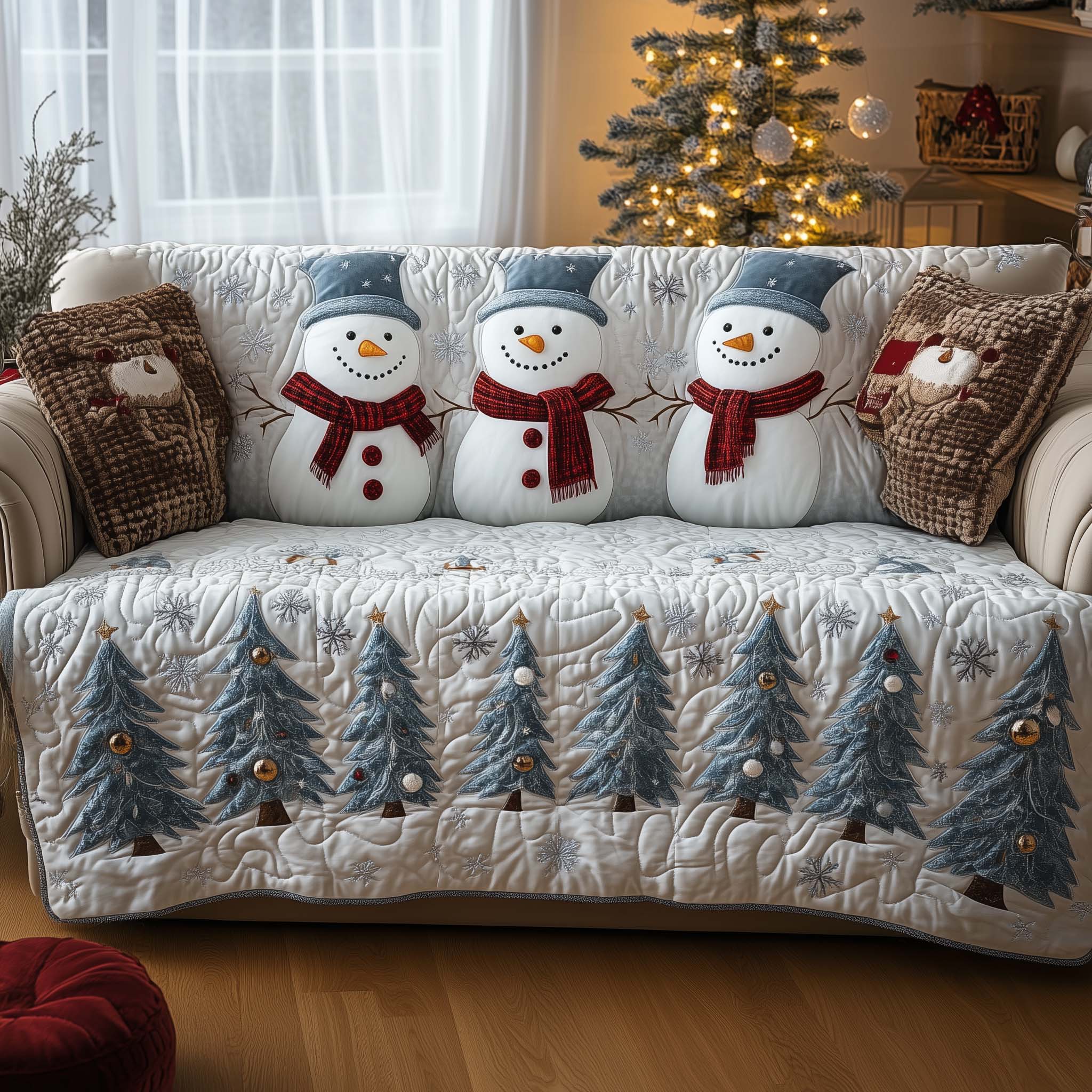 Christmas Snowman Quilted Sofa Cover Charming Snowman Art Design Presents For Family