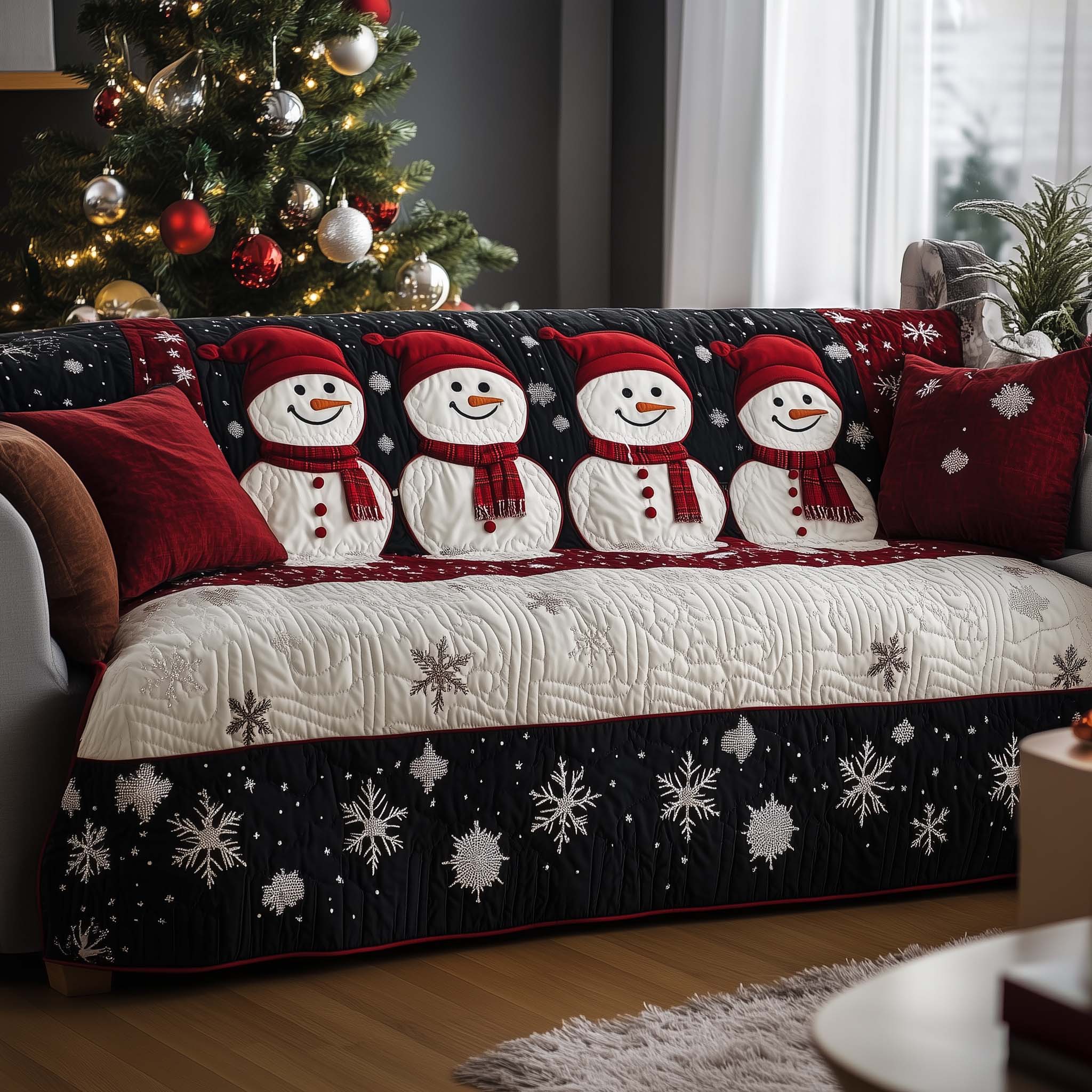 Christmas Snowman Quilted Sofa Cover Cute Snowman With Hat Presents For Family