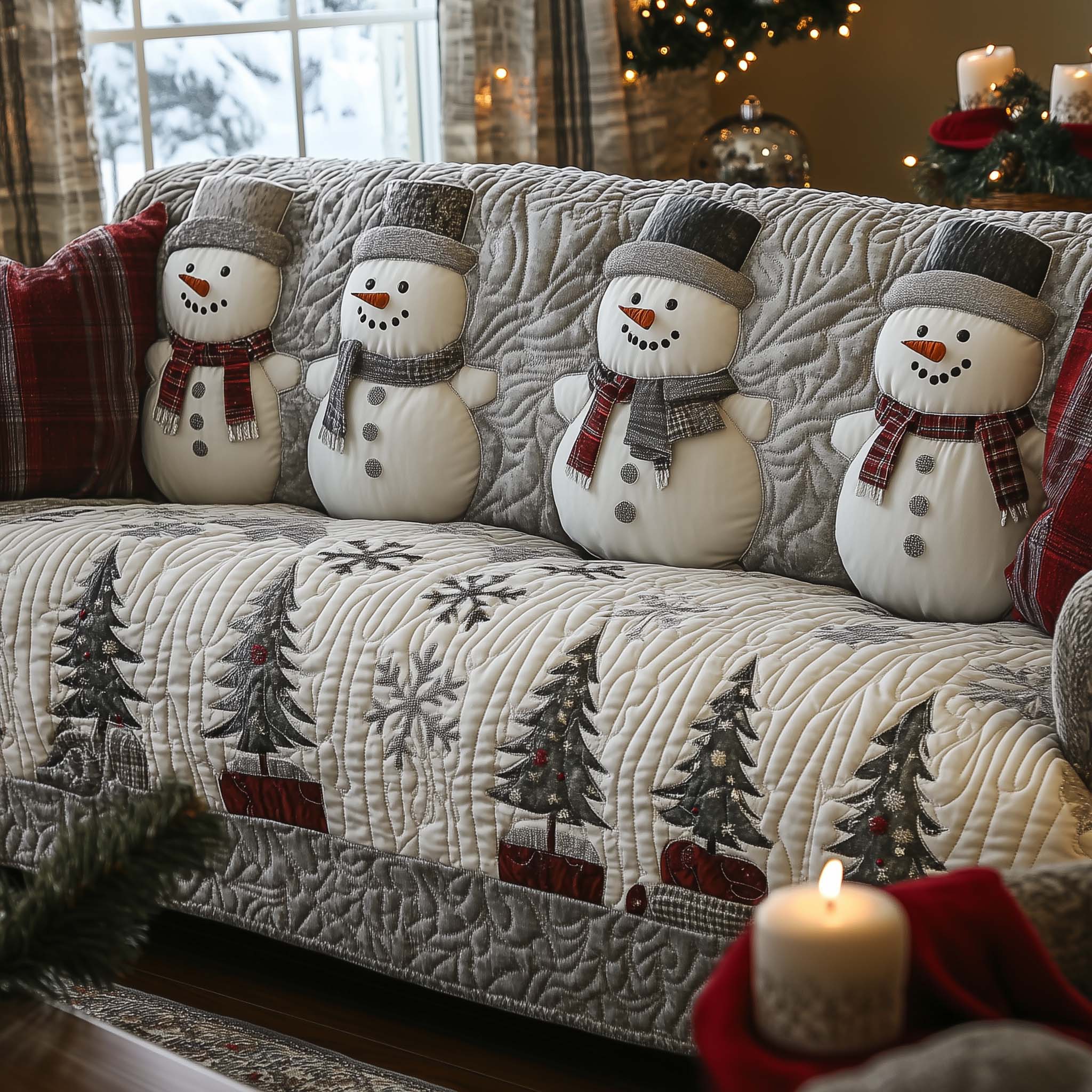 Christmas Snowman Quilted Sofa Cover Happy Holiday Snowman Motif Presents For Family