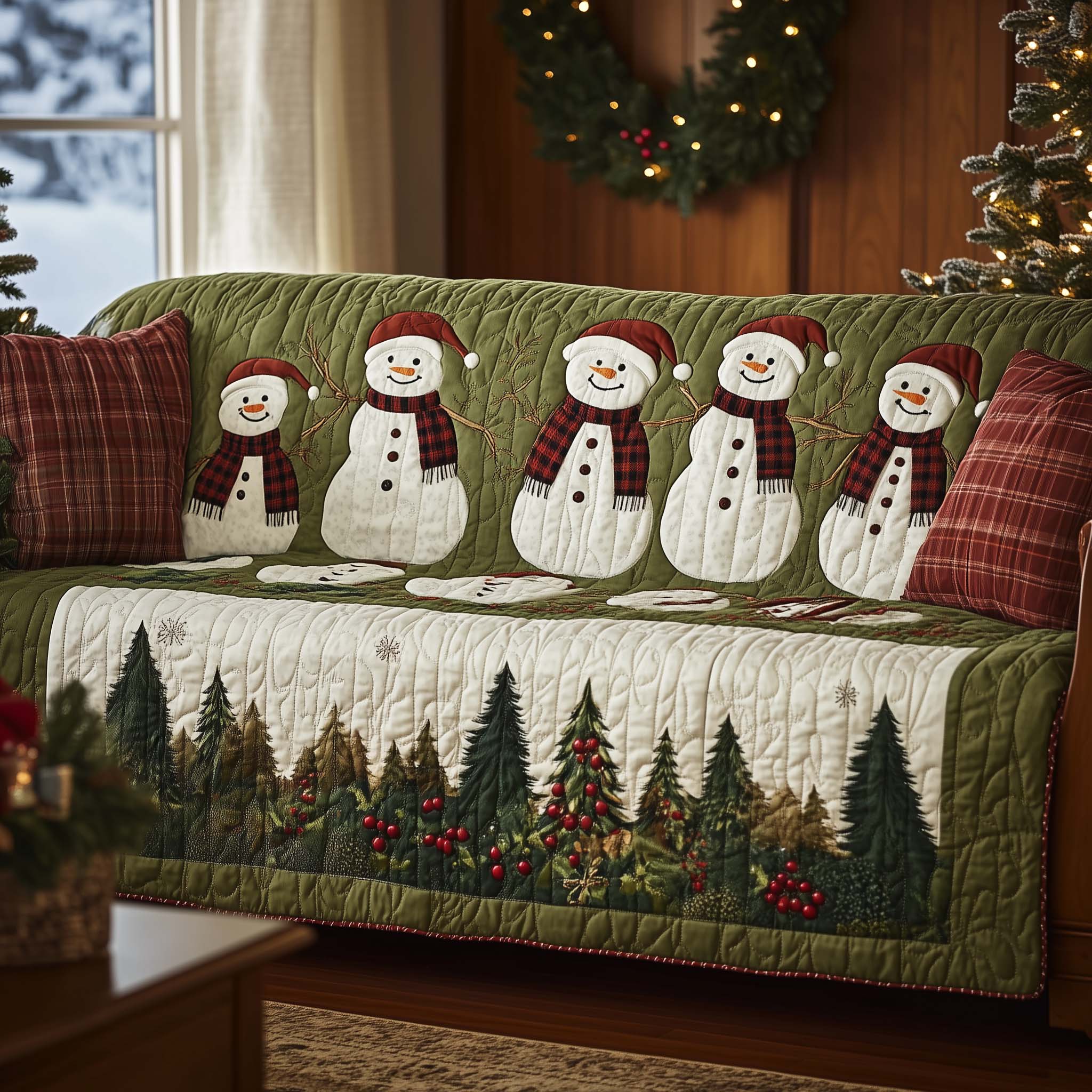 Christmas Snowman Quilted Sofa Cover Holiday Snowman Face Motif Presents For Family