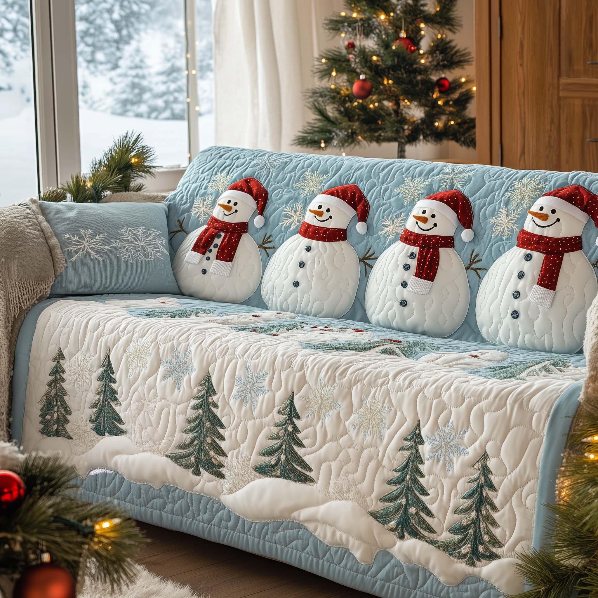 Christmas Snowman Quilted Sofa Cover Smiling Winter Snowman Accent Presents For Family