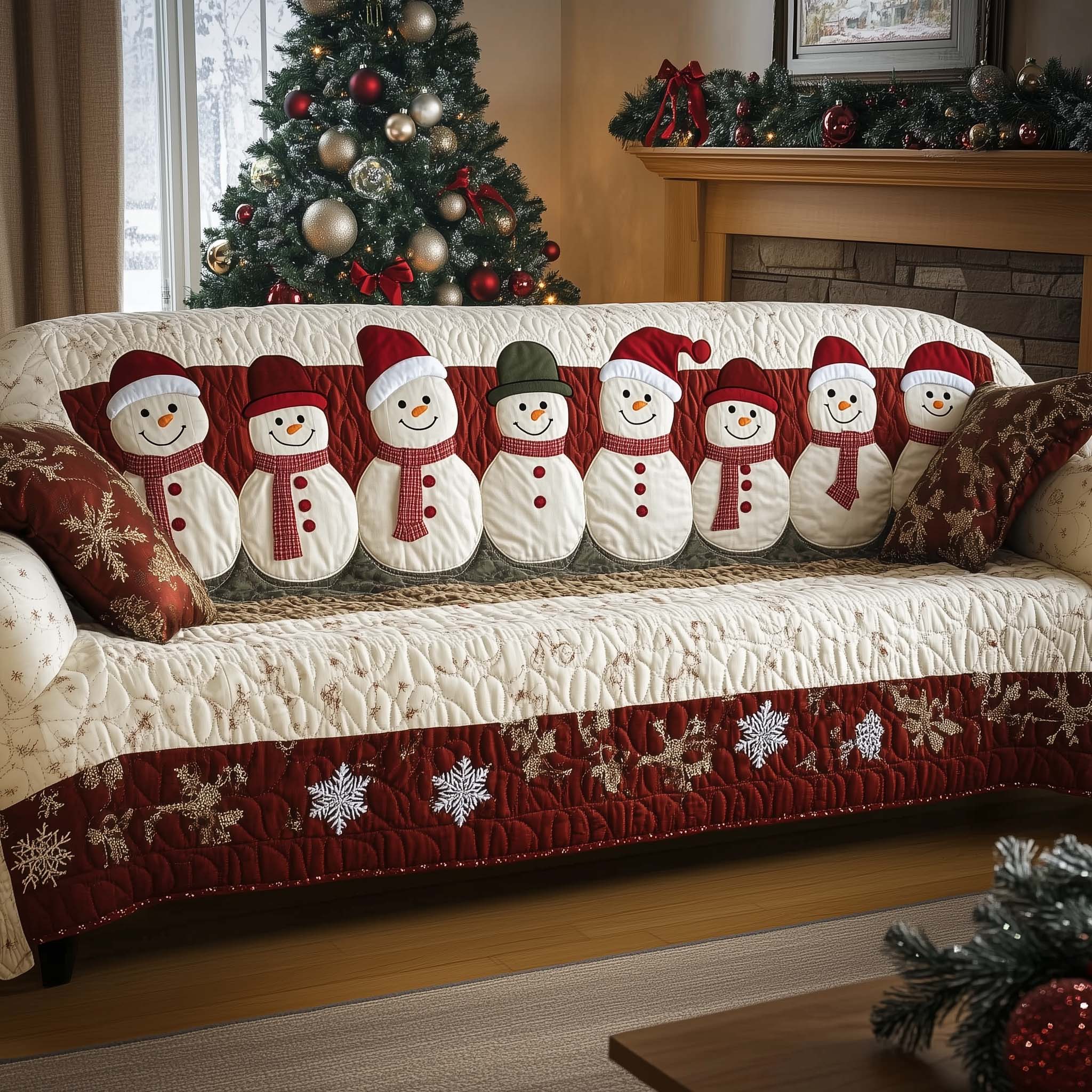 Christmas Snowman Quilted Sofa Cover Winter Scene Snowman Accent Presents For Family