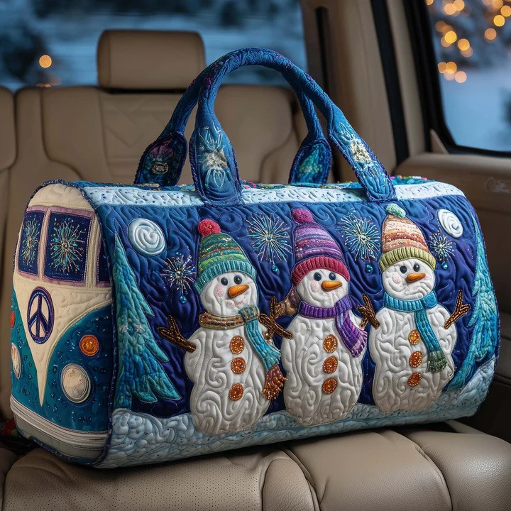 Christmas Snowman VW Bus Quilted Duffle Bag Holiday Travel Bag Best Gift For Christmas Lovers