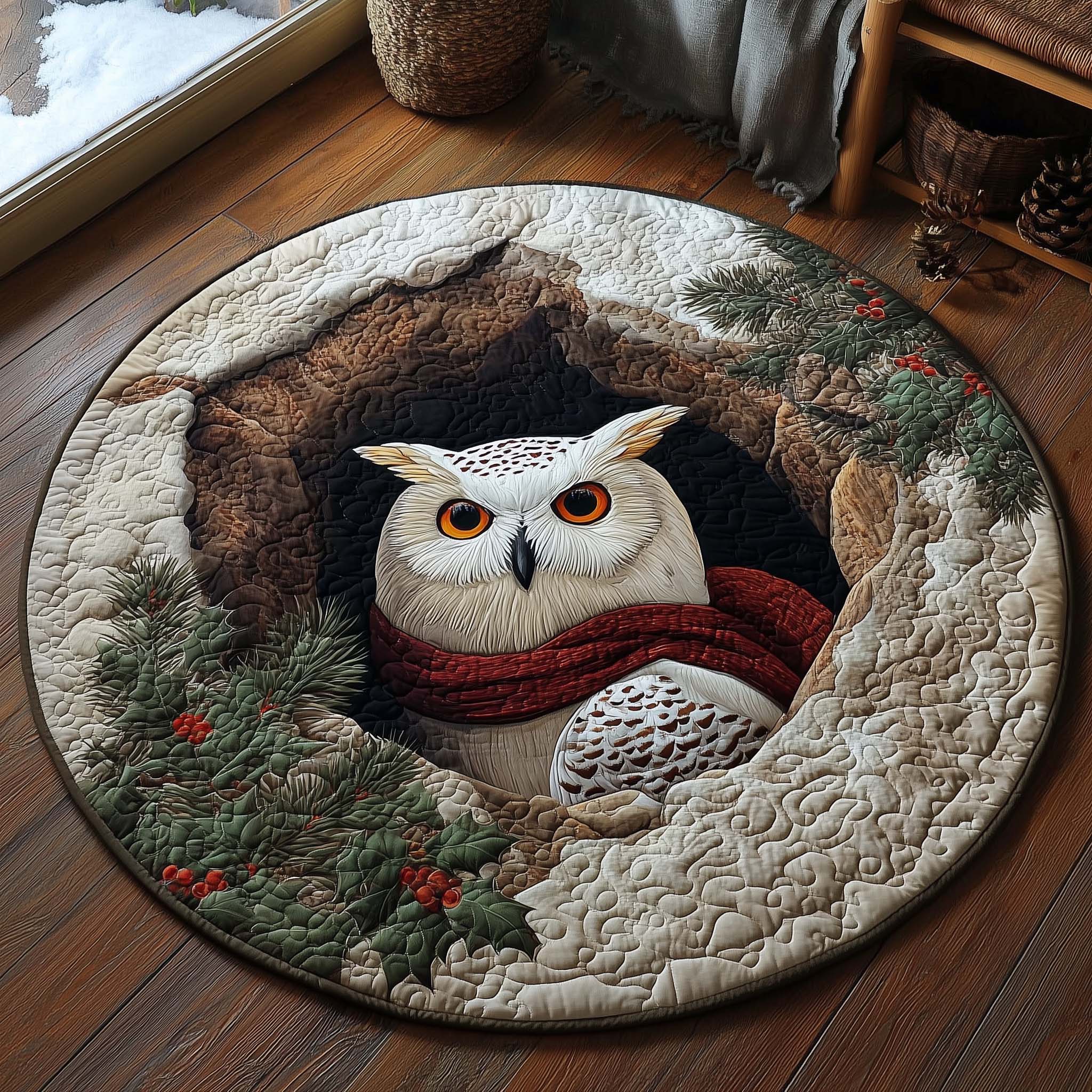 Christmas Snowy Owl Quilted Round Mat Elegant Quilted Round Mat to Enhance Your Room