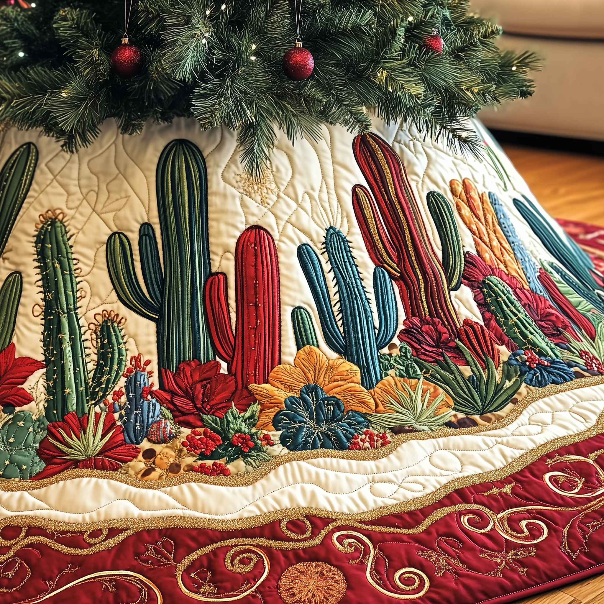 Christmas Southwest Cactus Quilted Tree Skirt Best Gift Merch For Him