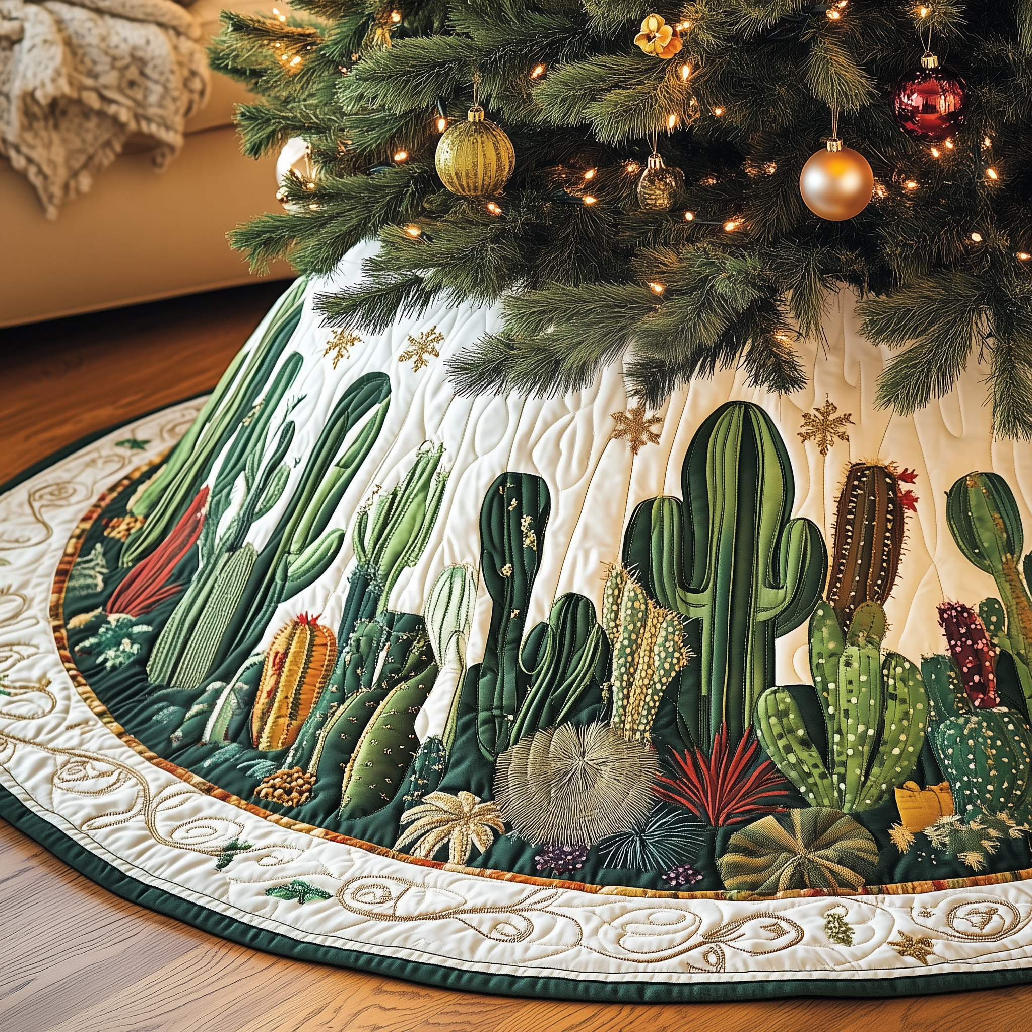 Christmas Southwest Cactus Quilted Tree Skirt Joyful Holiday Season Gift Merch
