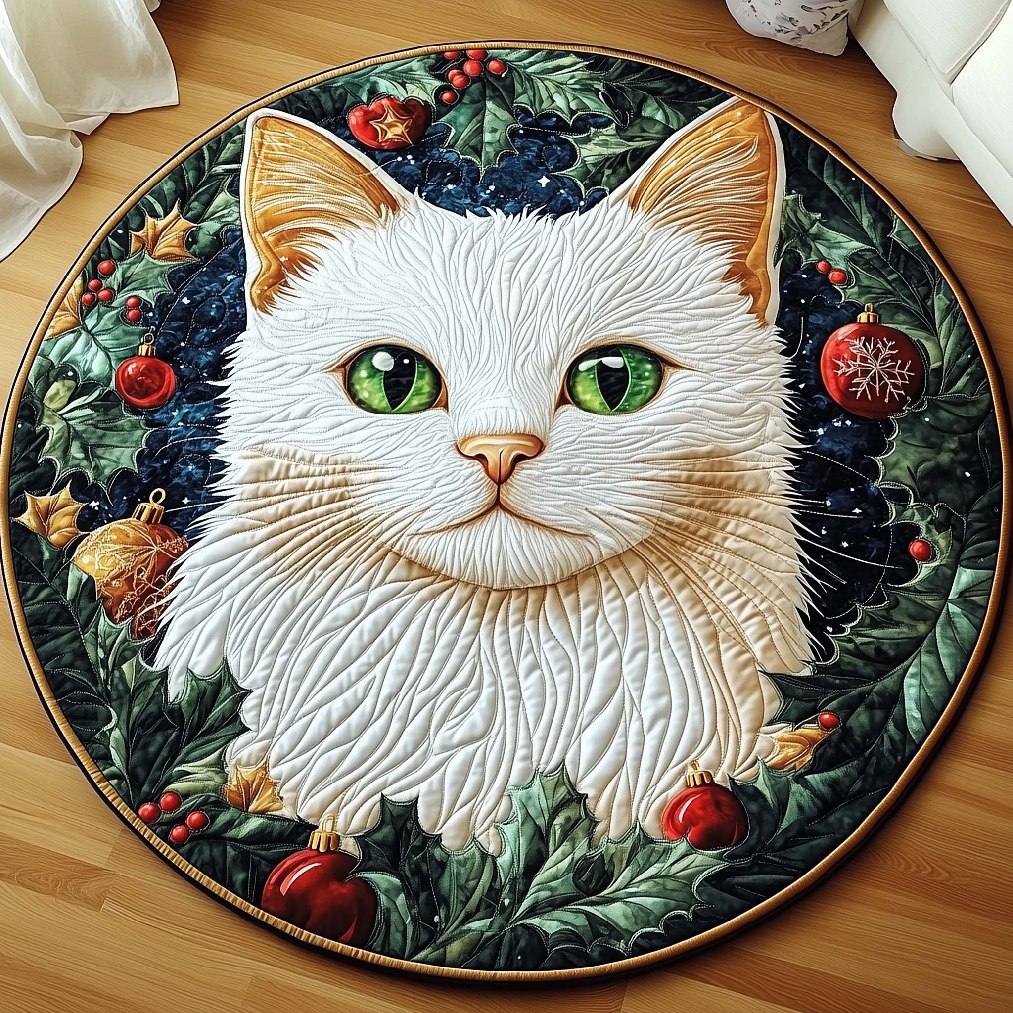 Christmas Spirit Cat Quilted Round Mat Beautiful Quilted Round Mat Gift for Loved Ones