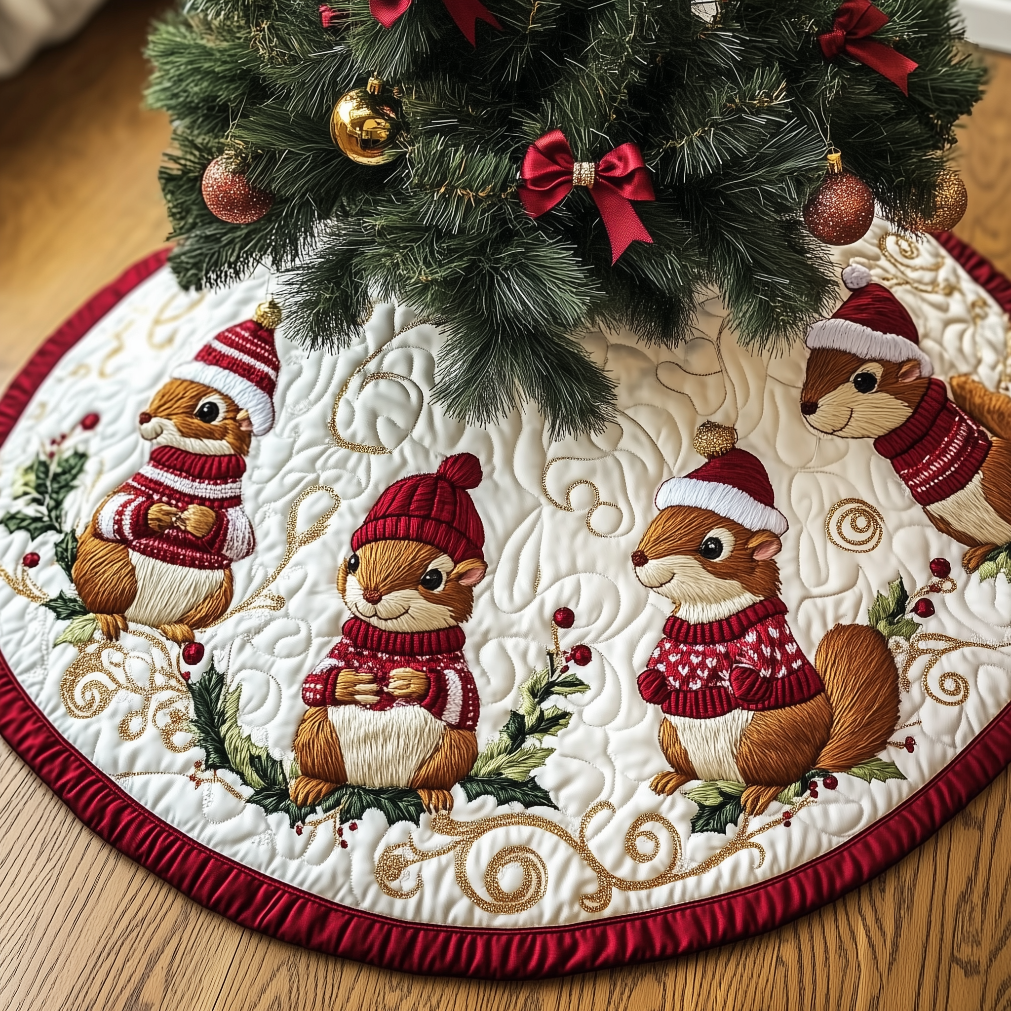 Christmas Squirrel Quilted Tree Skirt Beautiful Christmas Home Merch