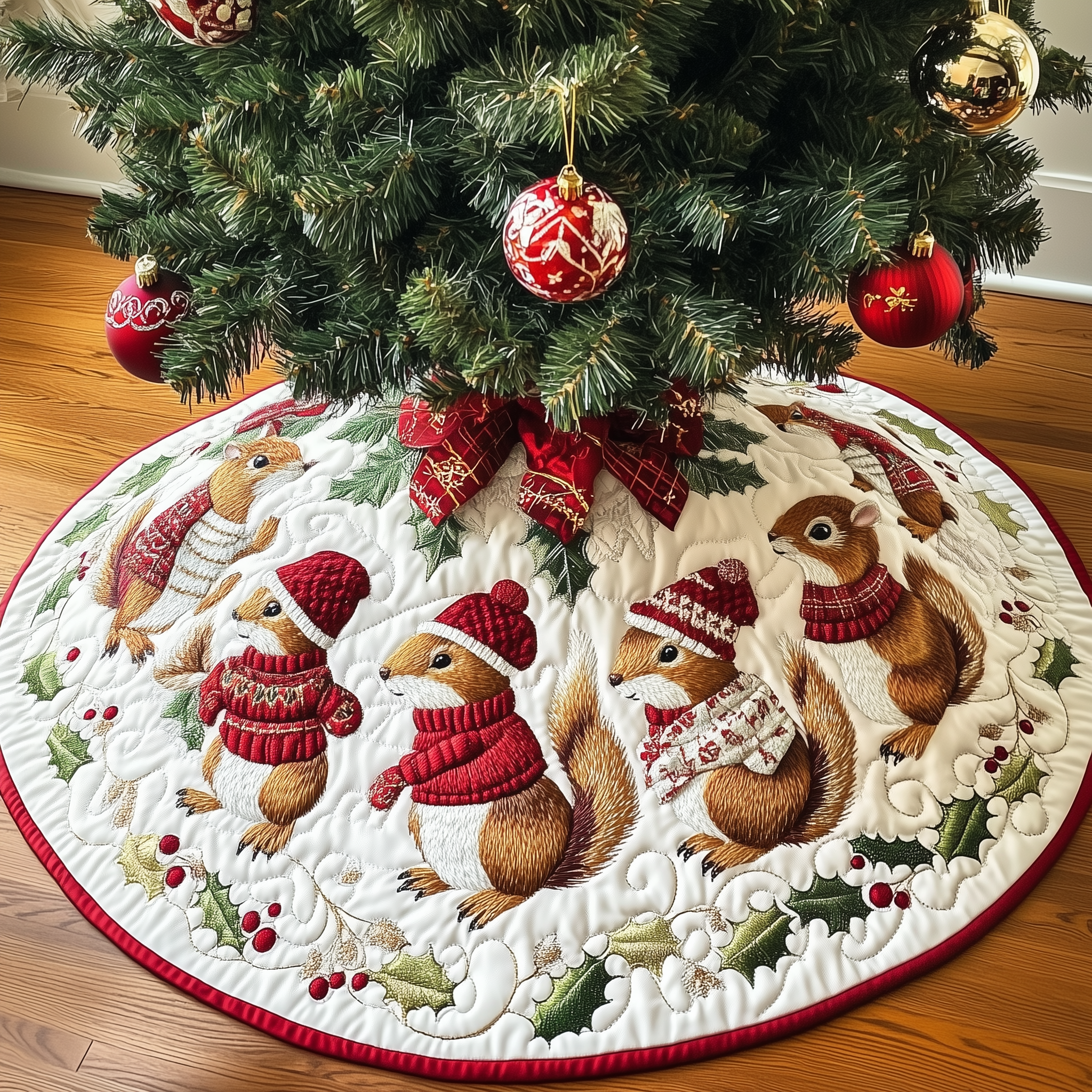 Christmas Squirrel Quilted Tree Skirt Charming Holiday Home Merch