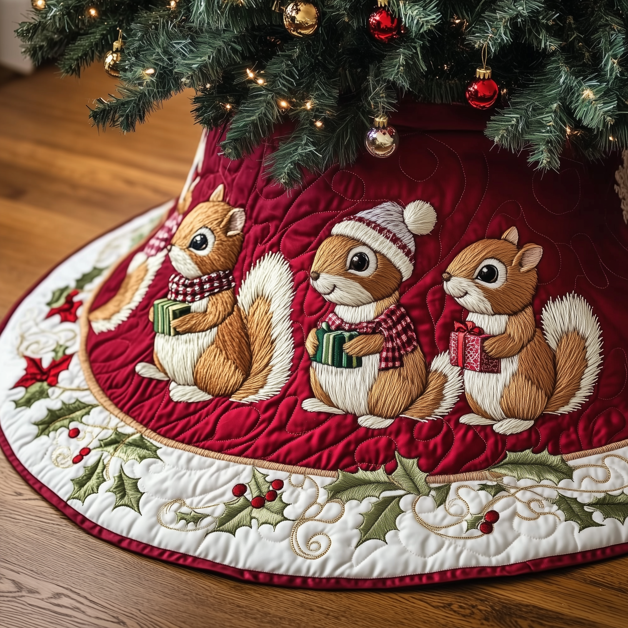 Christmas Squirrel Quilted Tree Skirt Festive Living Room Merch