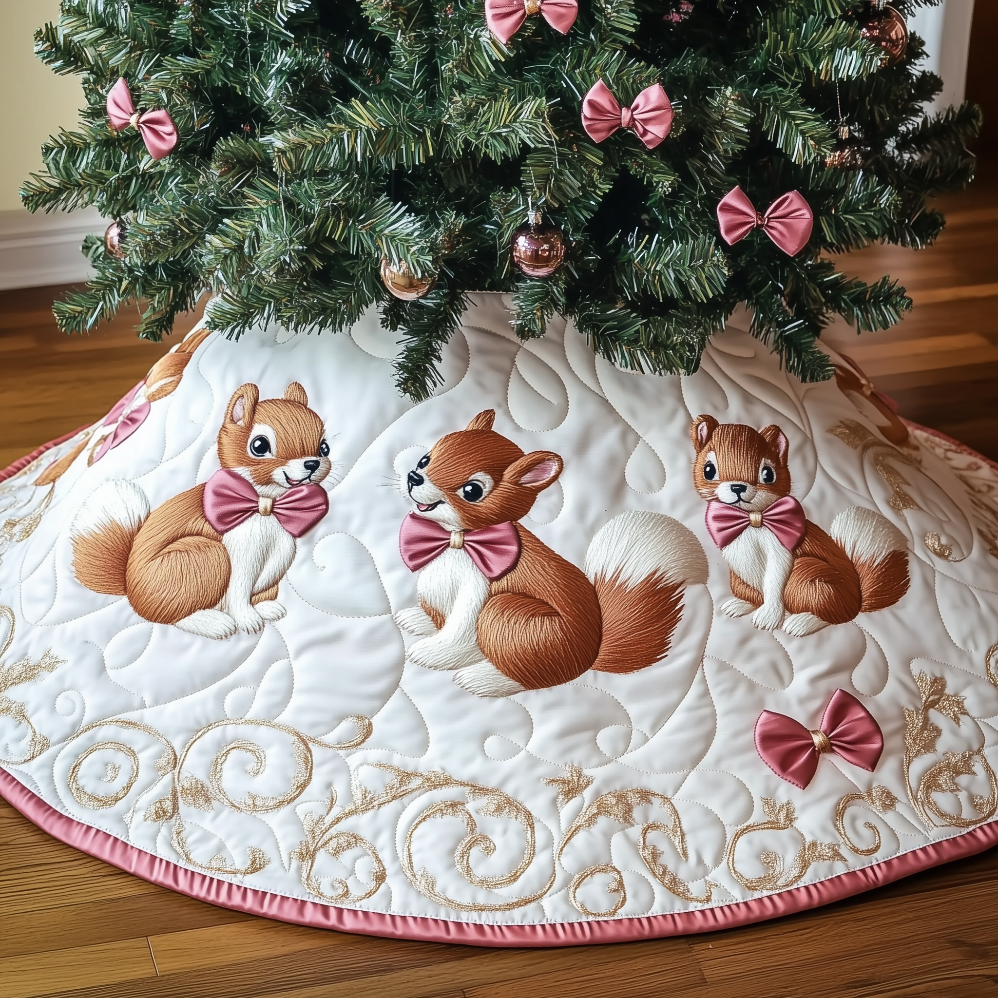 Christmas Squirrel Quilted Tree Skirt Lovely Gift Merch For Couples