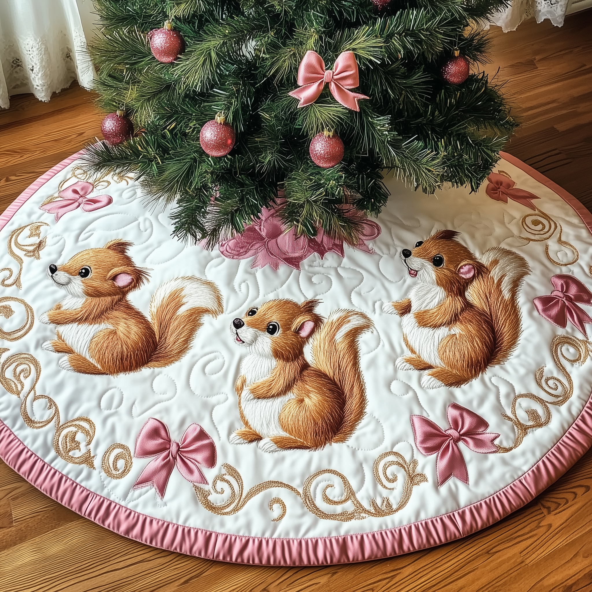 Christmas Squirrel Quilted Tree Skirt Unique Gift Merch For Friends