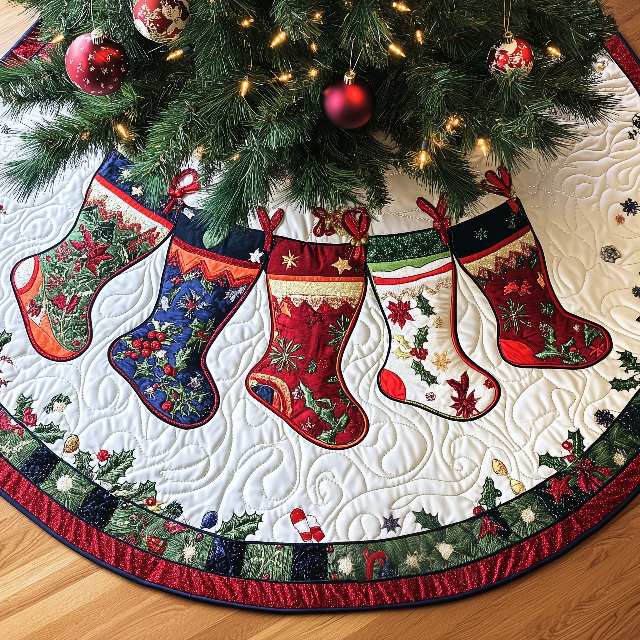 Christmas Stocking Quilted Tree Skirt Warm Winter Home Merch