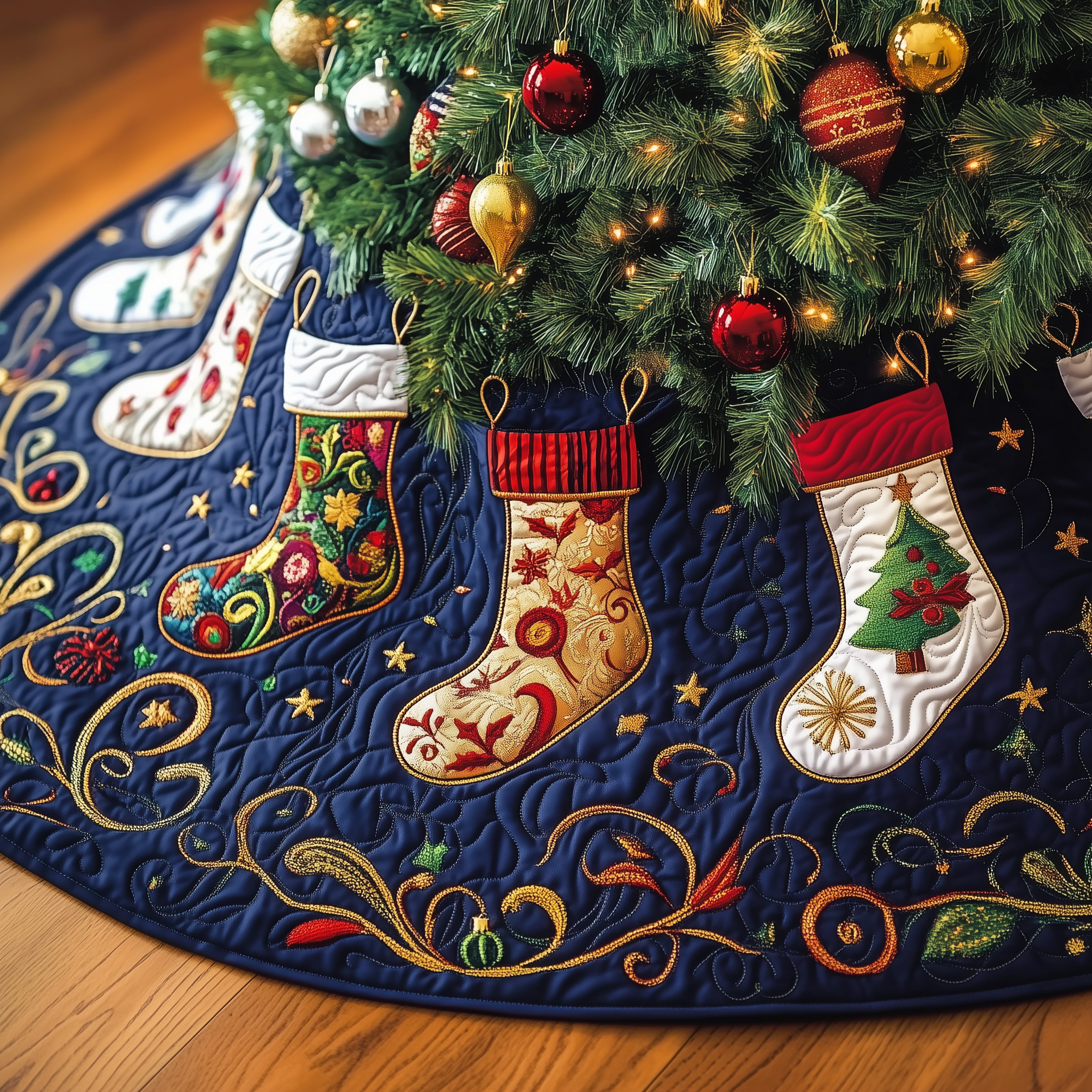 Christmas Stockings Quilted Tree Skirt Charming Thanksgiving Gift Merch