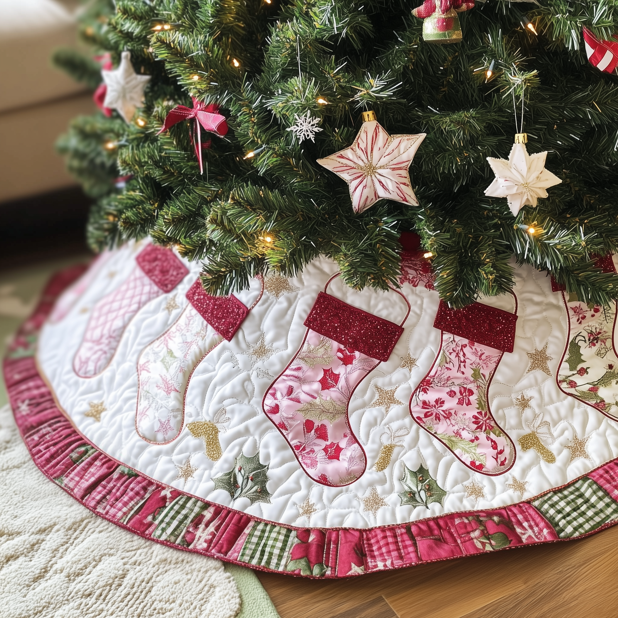 Christmas Stockings Quilted Tree Skirt Elegant Christmas Tree Decor Merch