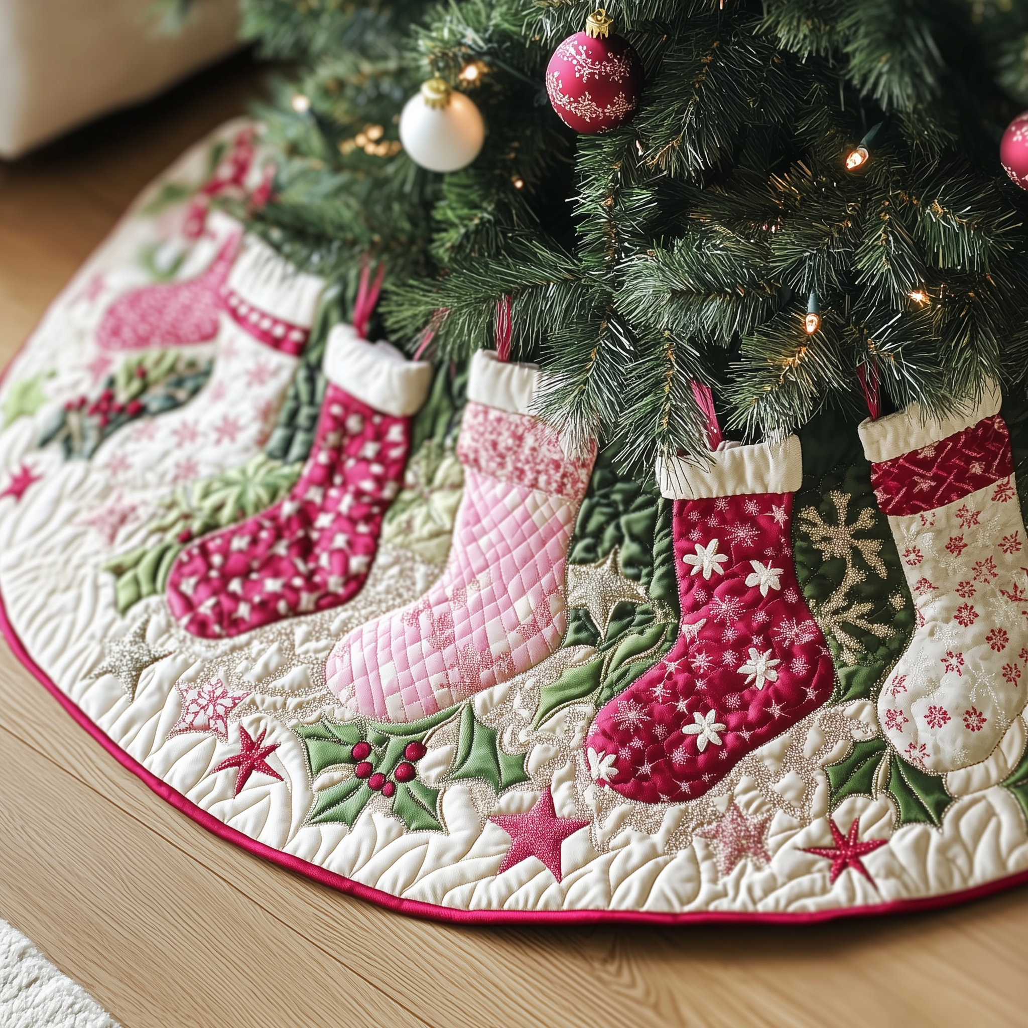Christmas Stockings Quilted Tree Skirt Festive Tree Skirt Gift Choice