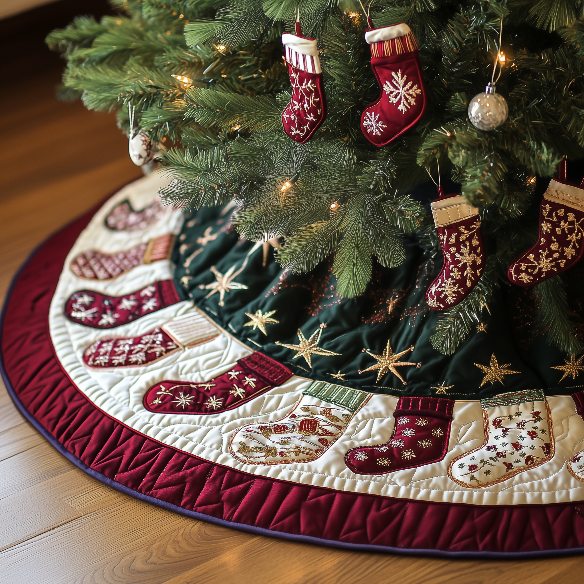 Christmas Stockings Quilted Tree Skirt Heartwarming Family Gathering Merch