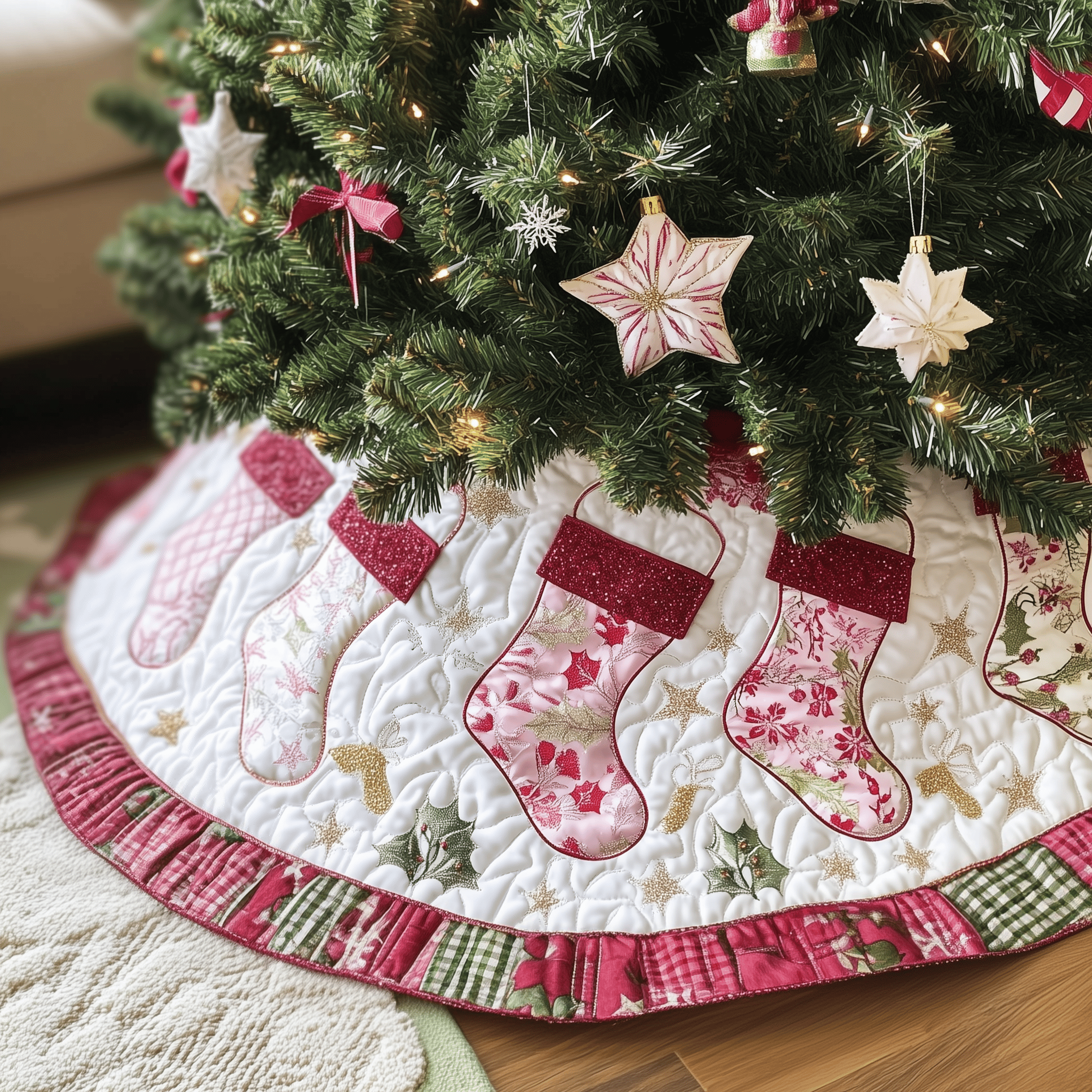 Christmas Stockings Quilted Tree Skirt Holiday Best Christmas Tree Skirts Base Cover Tree Xmas Decorations
