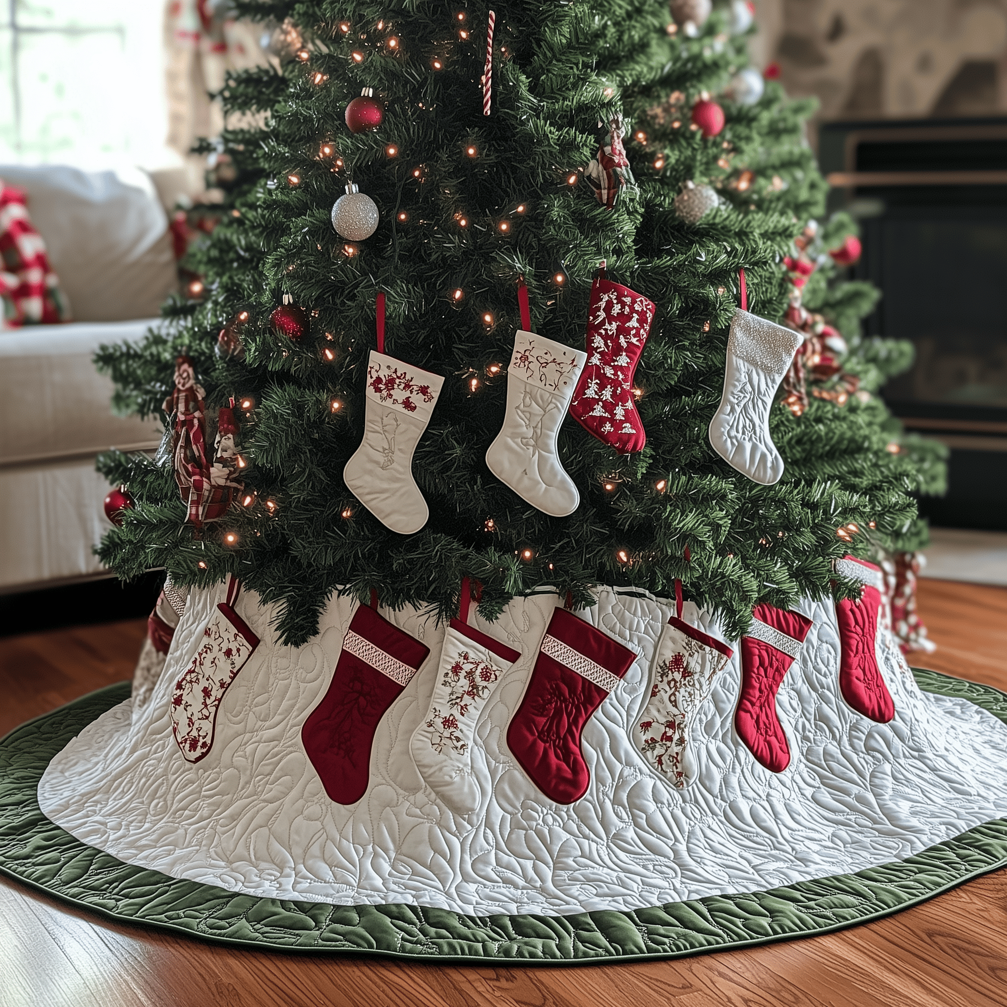 Christmas Stockings Quilted Tree Skirt Holiday Tree Skirt Xmas Tree Surround Base Cover Christmas Decorations