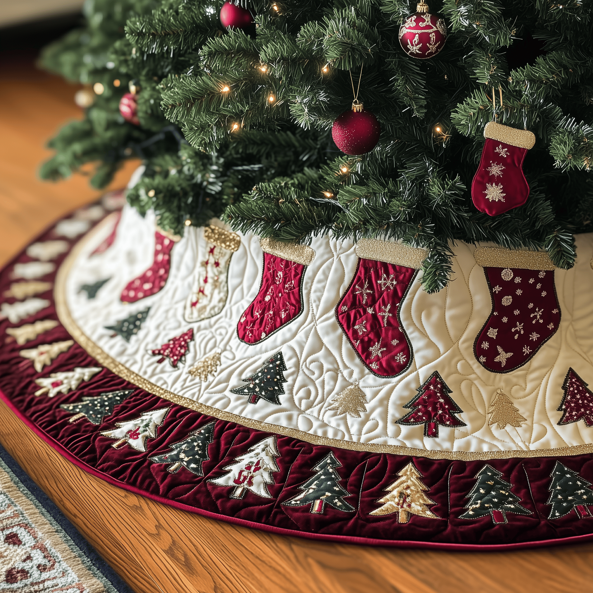 Christmas Stockings Quilted Tree Skirt Holiday Tree Skirt Xmas Tree Surround Base Cover Christmas Decorations
