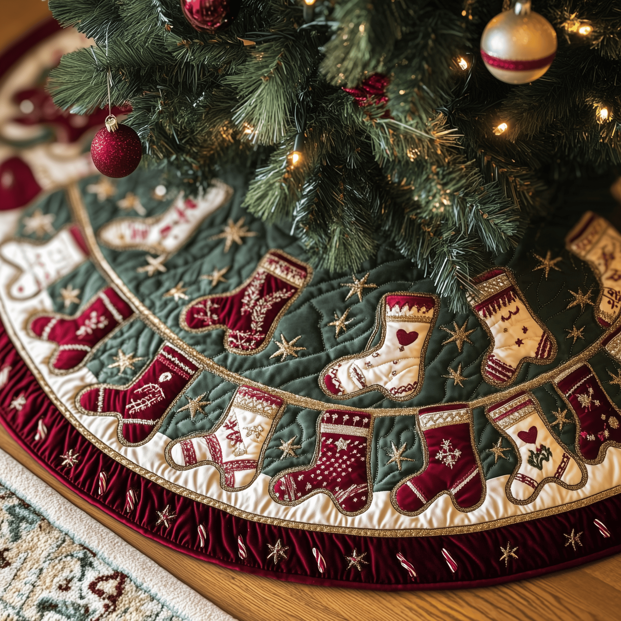 Christmas Stockings Quilted Tree Skirt Holiday Tree Skirt Xmas Tree Surround Base Cover Christmas Decorations