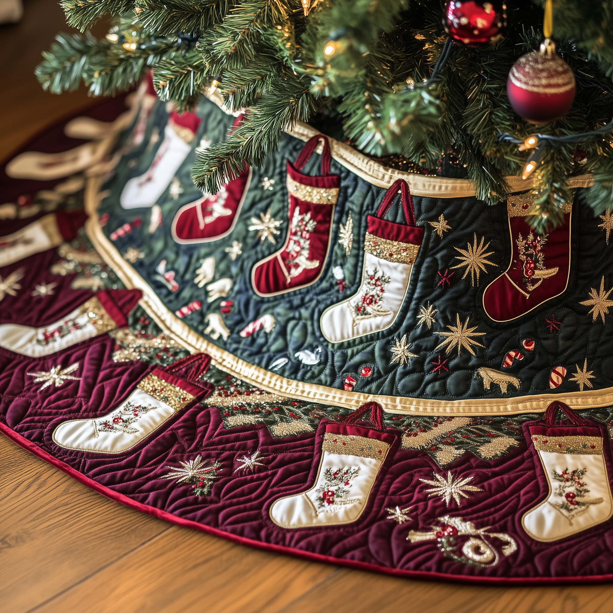 Christmas Stockings Quilted Tree Skirt Holiday Tree Skirt Xmas Tree Surround Base Cover Christmas Decorations