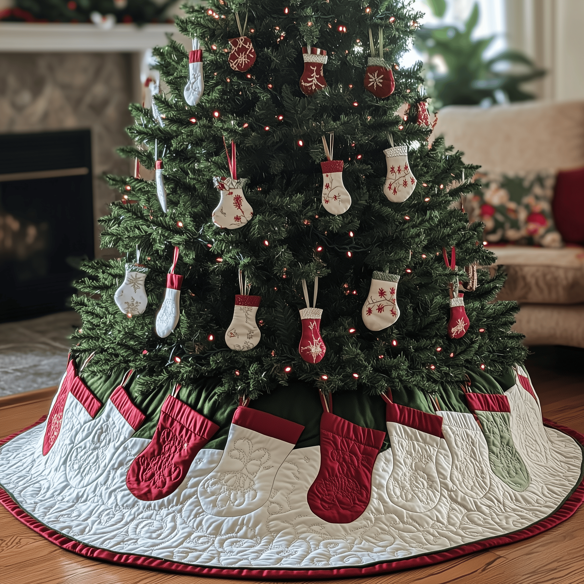 Christmas Stockings Quilted Tree Skirt Holiday Tree Skirt Xmas Tree Surround Base Cover Christmas Decorations