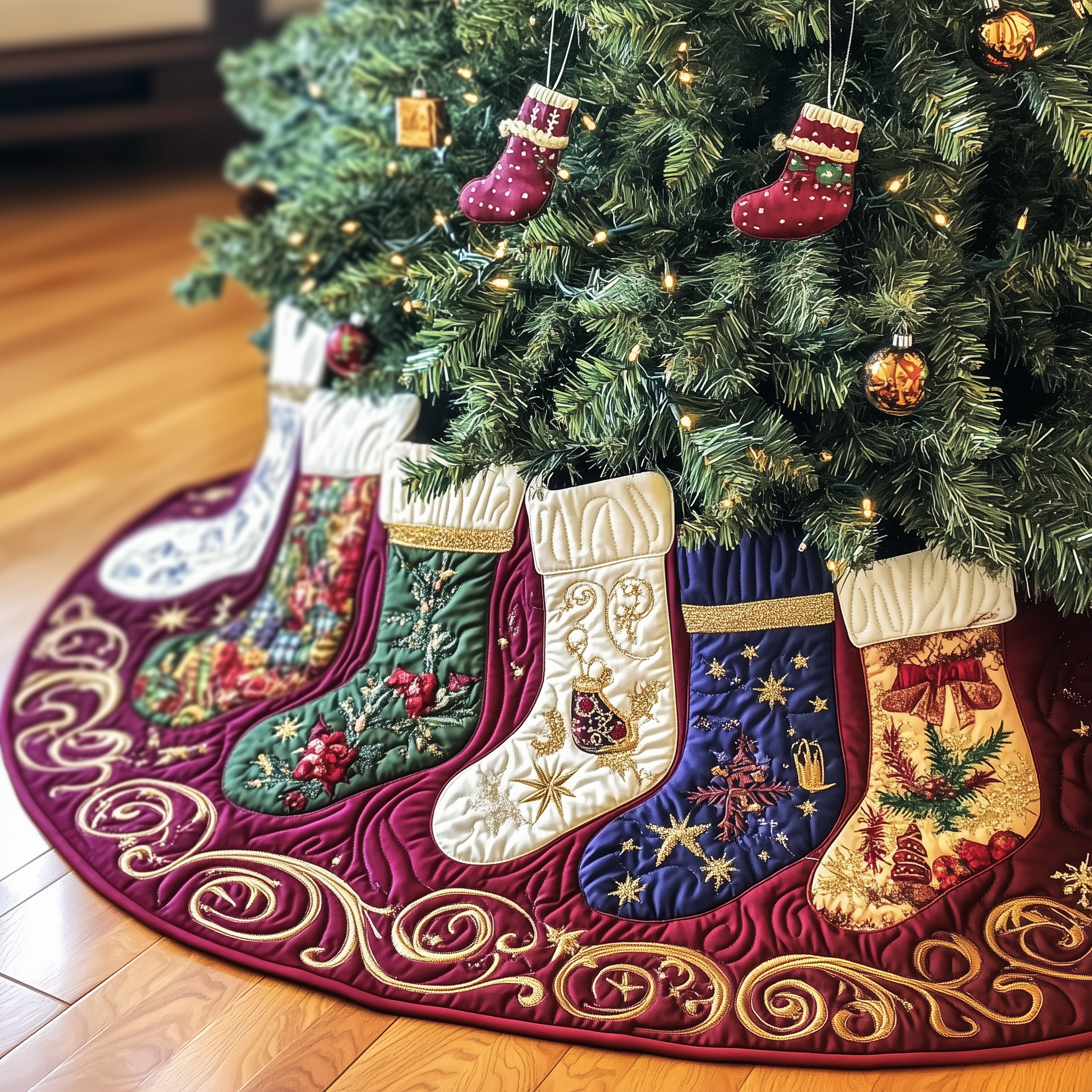 Christmas Stockings Quilted Tree Skirt Special Birthday Gift Merch