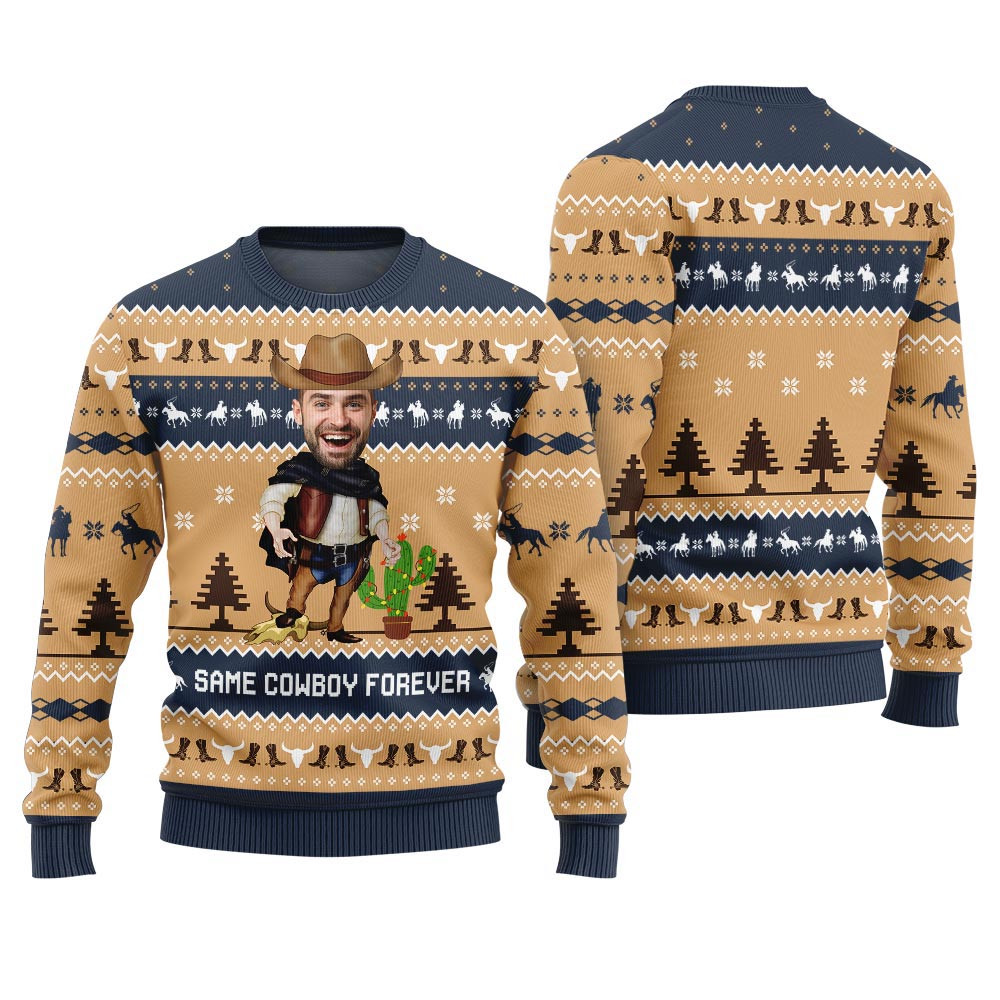 Christmas Sweater Custom Face Same Cowboy Forever Navy Family Gifts For Christmas