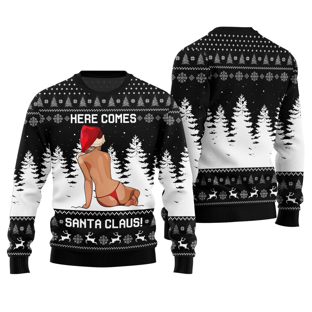 Christmas Sweater Here Comes Santa Claus Black Perfect Holiday Gift Merch for Sweater Lovers
