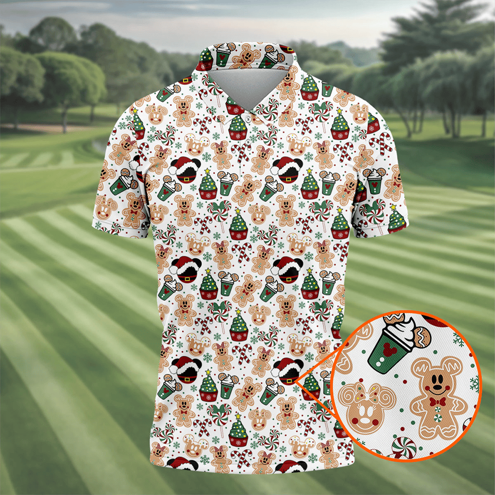 Christmas Sweets Pattern Golf Tops For Men Cartoon Print Polo Shirts For Men Christmas Golf Shirt Golfing Apparels