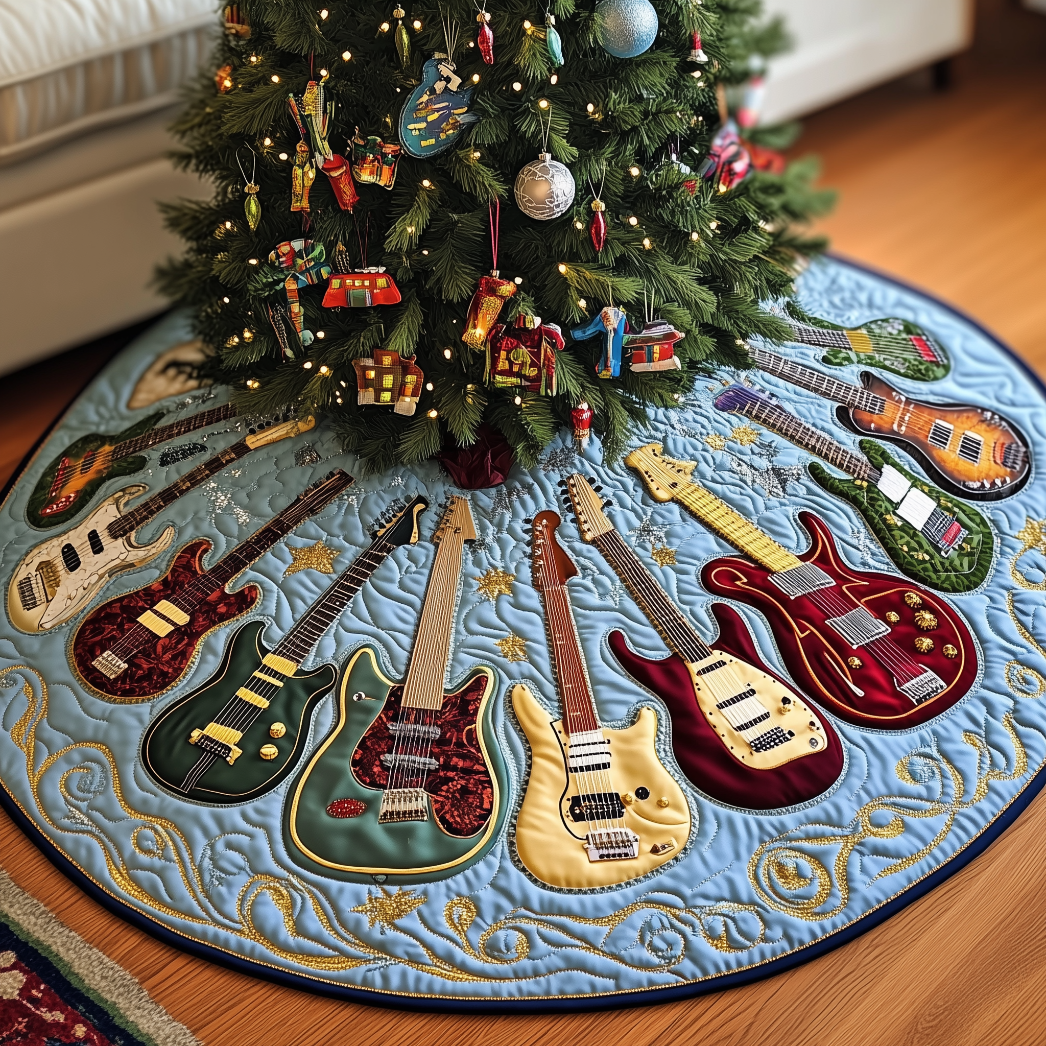 Christmas Swirl Guitar Quilted Tree Skirt Best Xmas Tree Skirts Indoor Decorations Xmas Gifts For Guitar Players