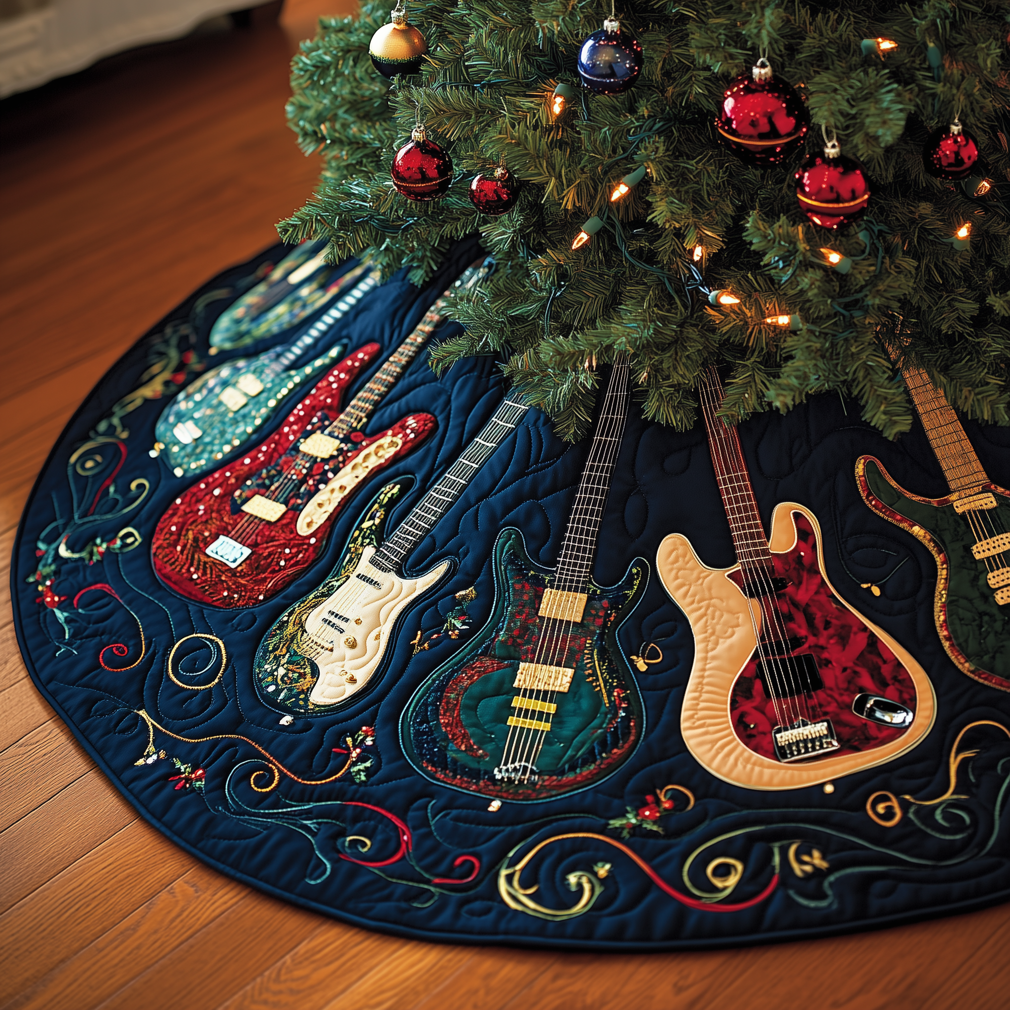 Christmas Swirl Guitar Quilted Tree Skirt Best Xmas Tree Skirts Indoor Decorations Xmas Gifts For Guitar Players