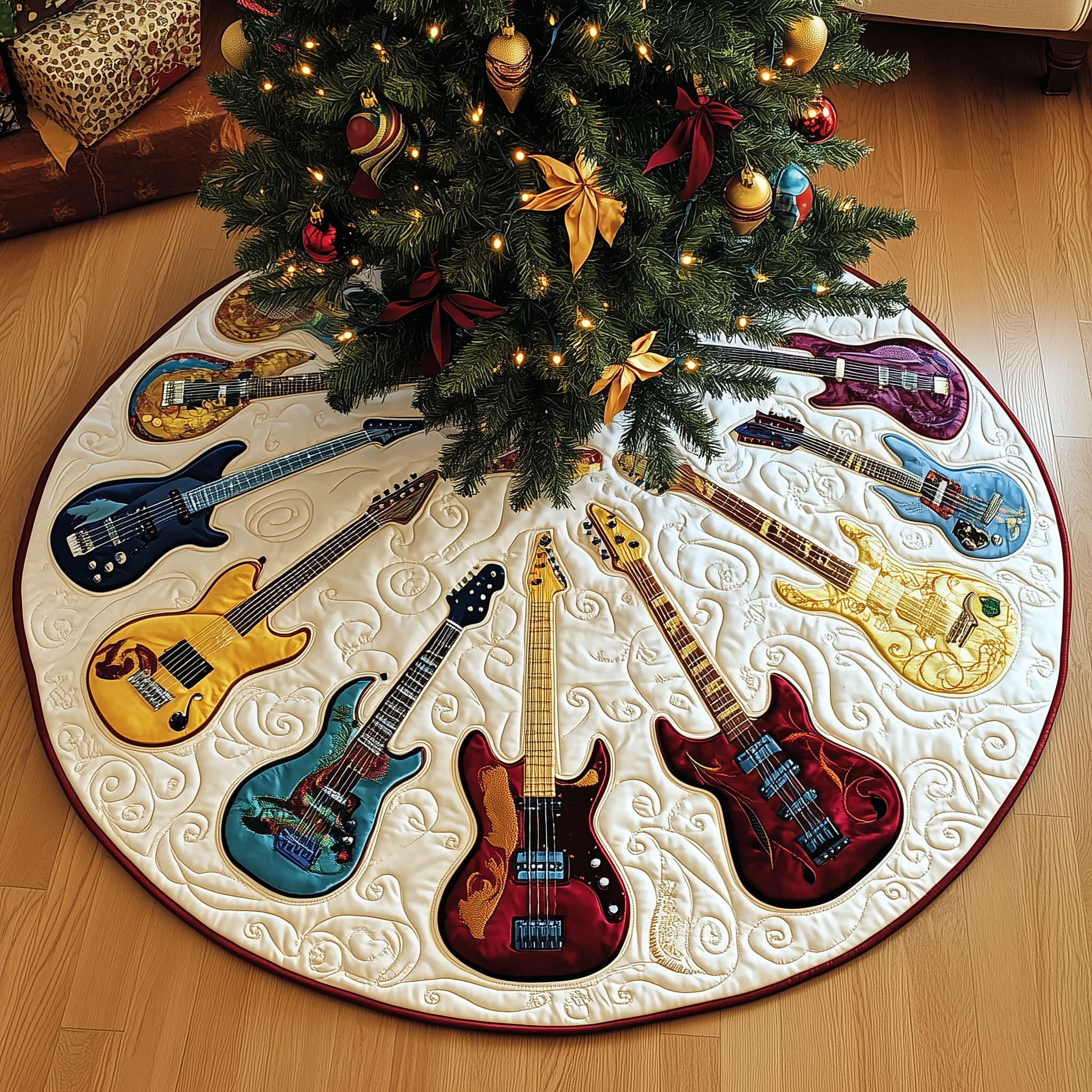 Christmas Swirl Guitar Quilted Tree Skirt Best Xmas Tree Skirts Indoor Decorations Xmas Gifts For Guitar Players