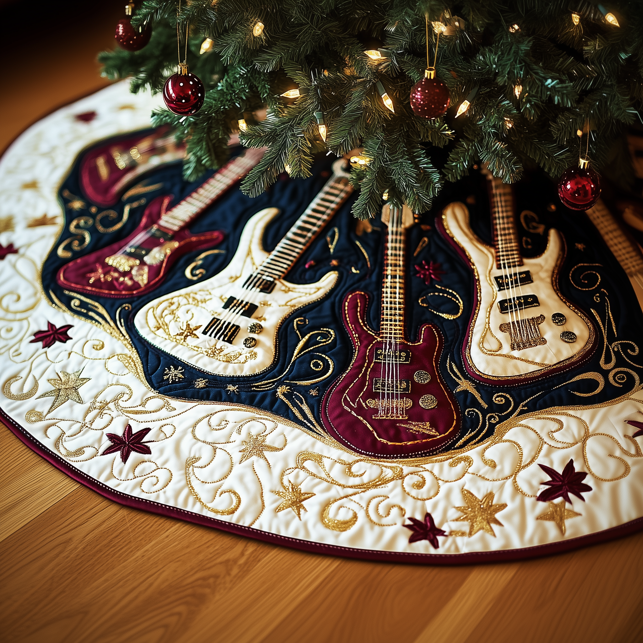 Christmas Swirl Guitar Quilted Tree Skirt Best Xmas Tree Skirts Indoor Decorations Xmas Gifts For Guitar Players