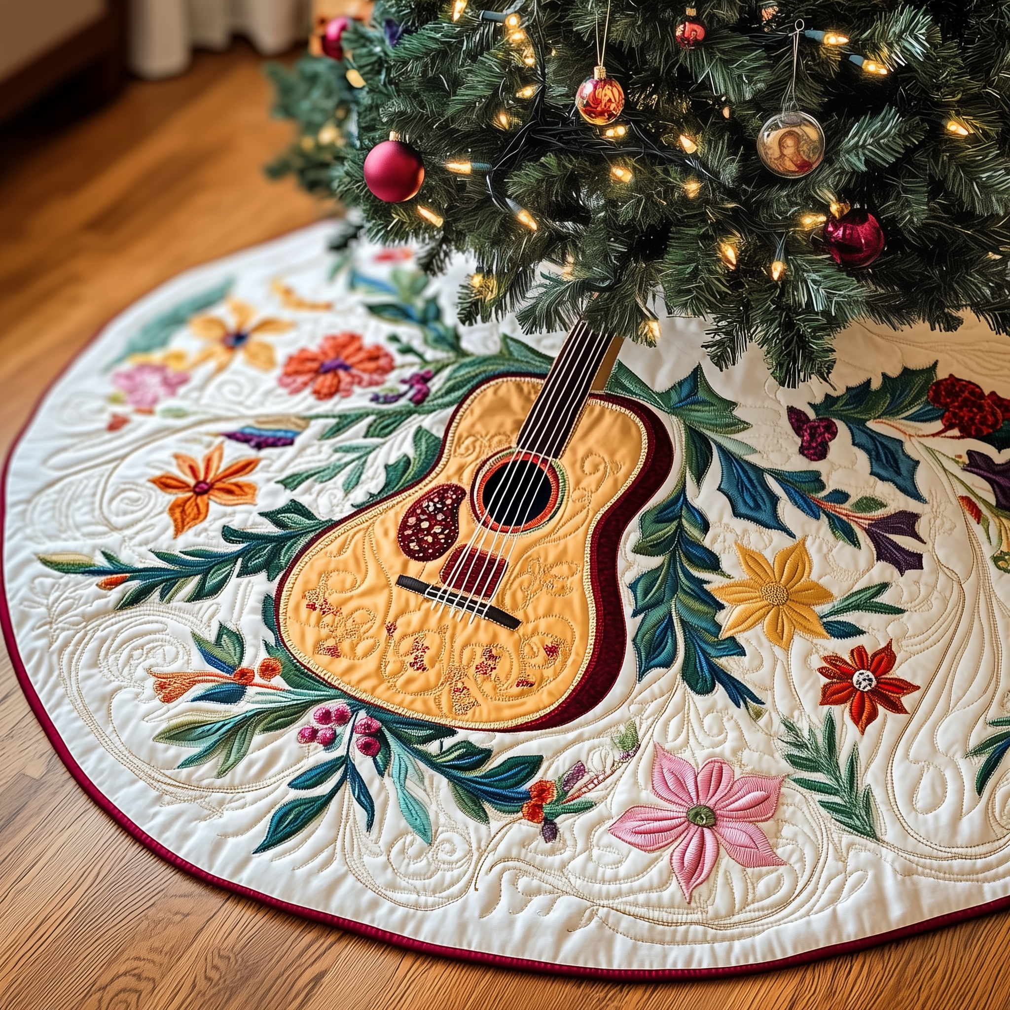 Christmas Swirl Guitar Quilted Tree Skirt Best Xmas Tree Skirts Indoor Decorations Xmas Gifts For Guitar Players
