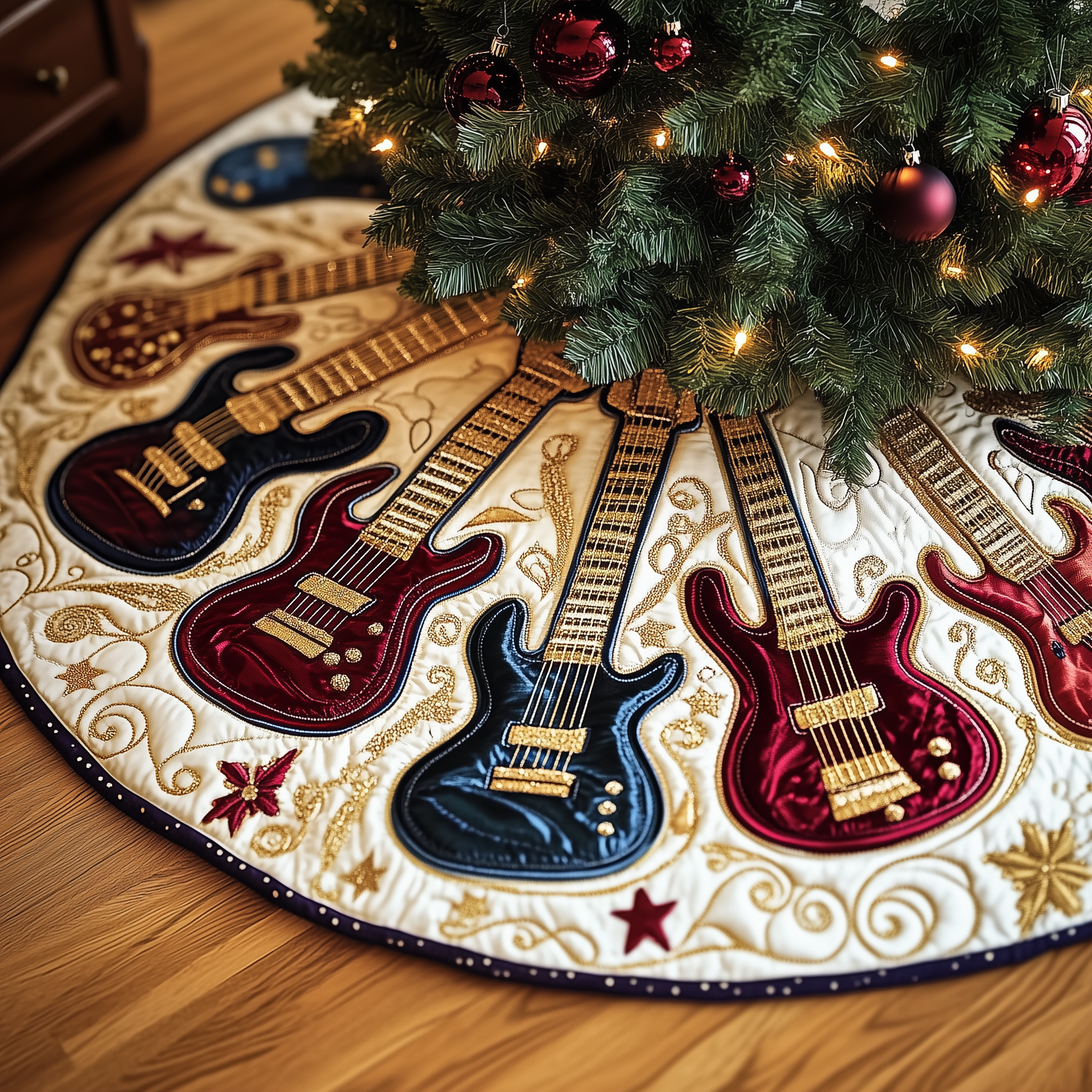 Christmas Swirl Guitar Quilted Tree Skirt Cozy Home Decor Gift Merch