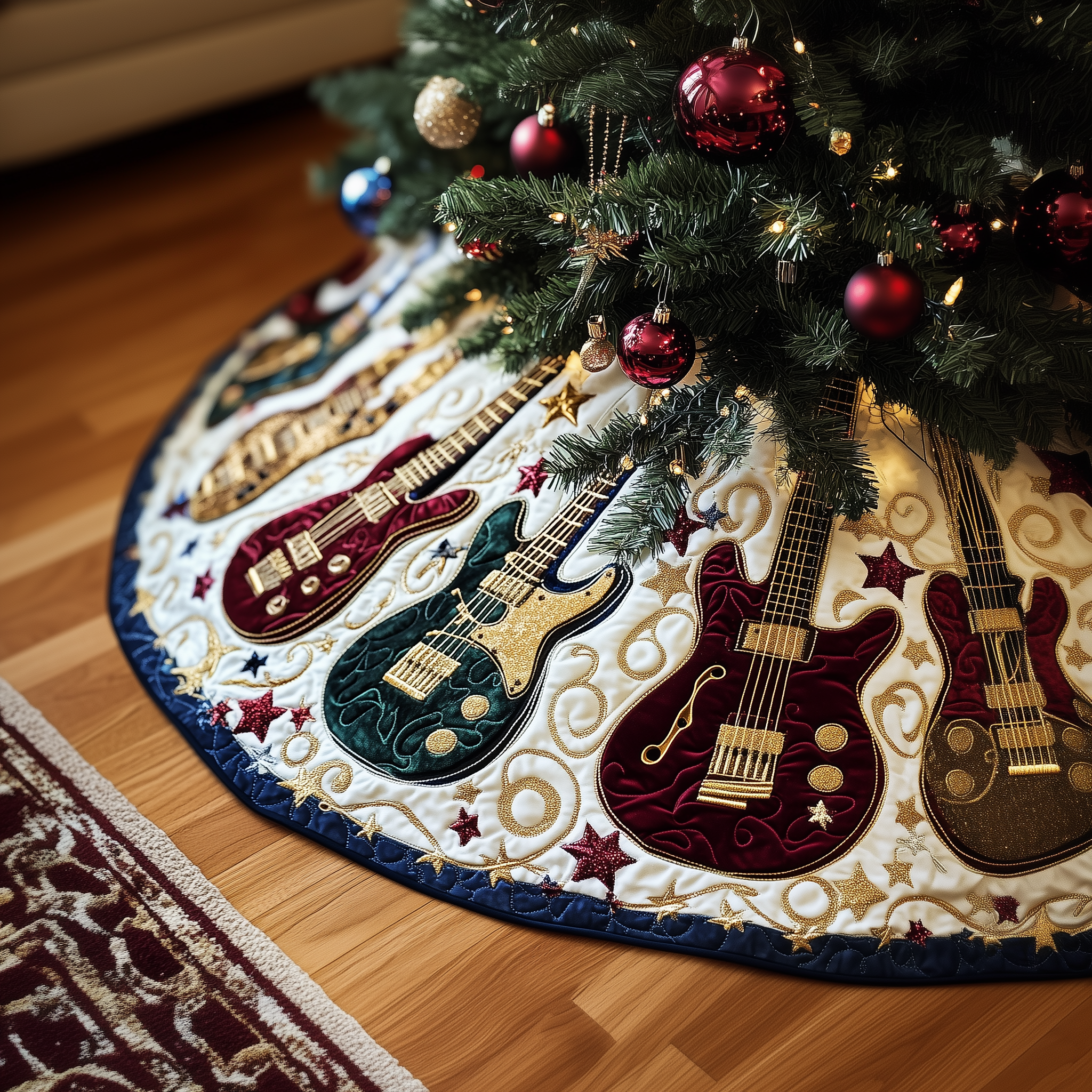 Christmas Swirl Guitar Quilted Tree Skirt Lovely Gift Merch For Couples