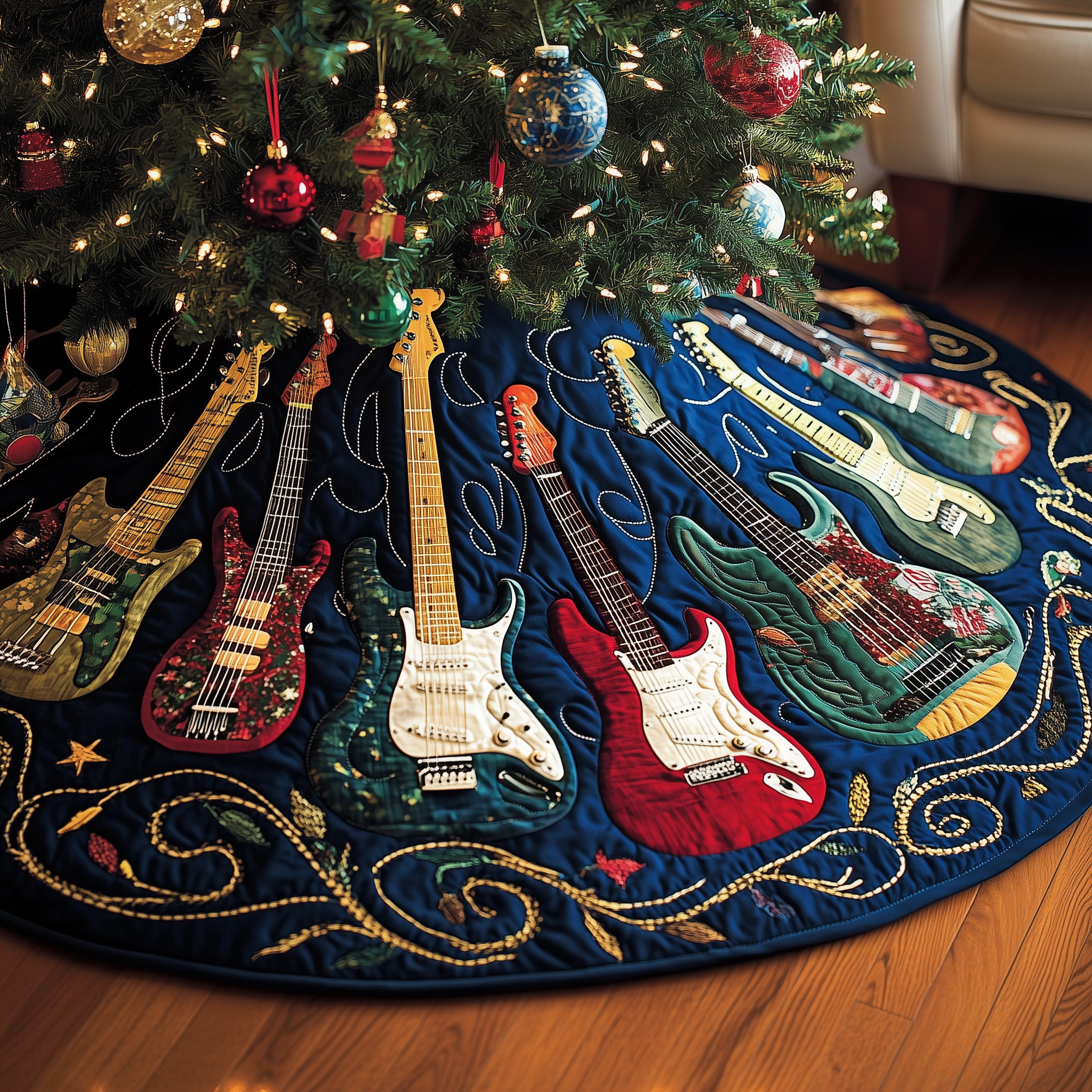 Christmas Swirl Guitar Quilted Tree Skirt Xmas Decorations Best Christmas Gifts For Guitar Players