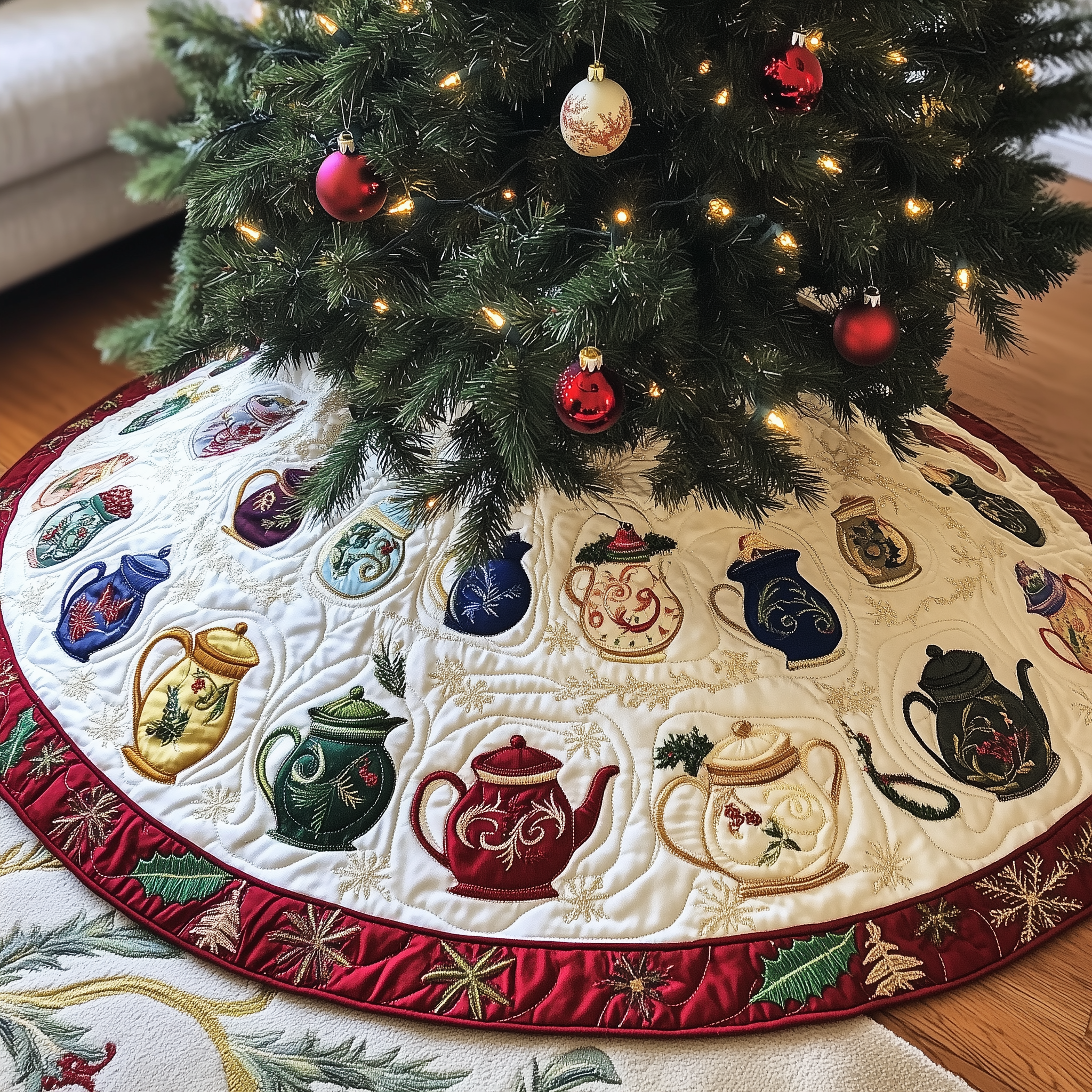 Christmas Teapot Quilted Tree Skirt Heartwarming Family Gathering Merch