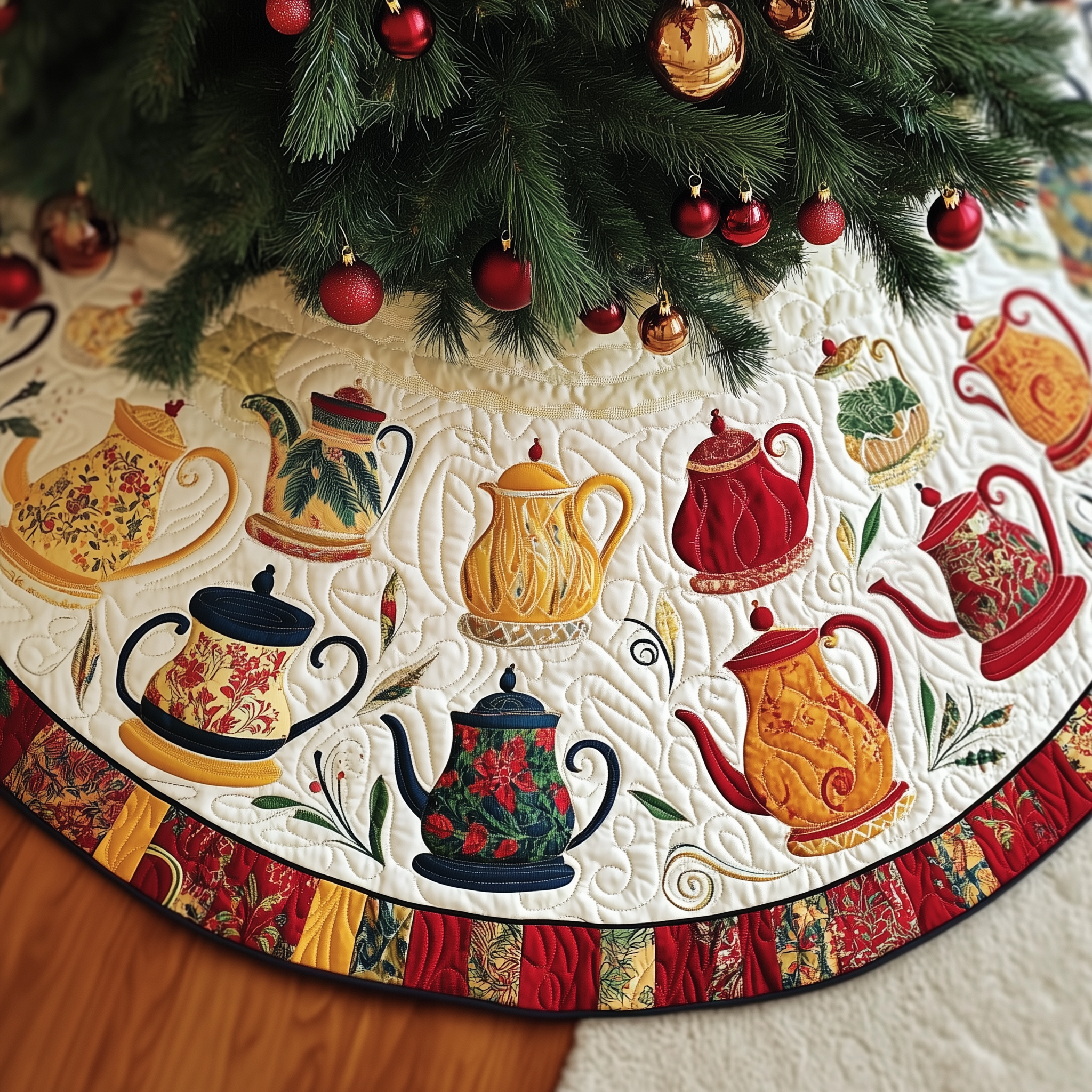 Christmas Teapot Quilted Tree Skirt Warm Gift Merch For Family