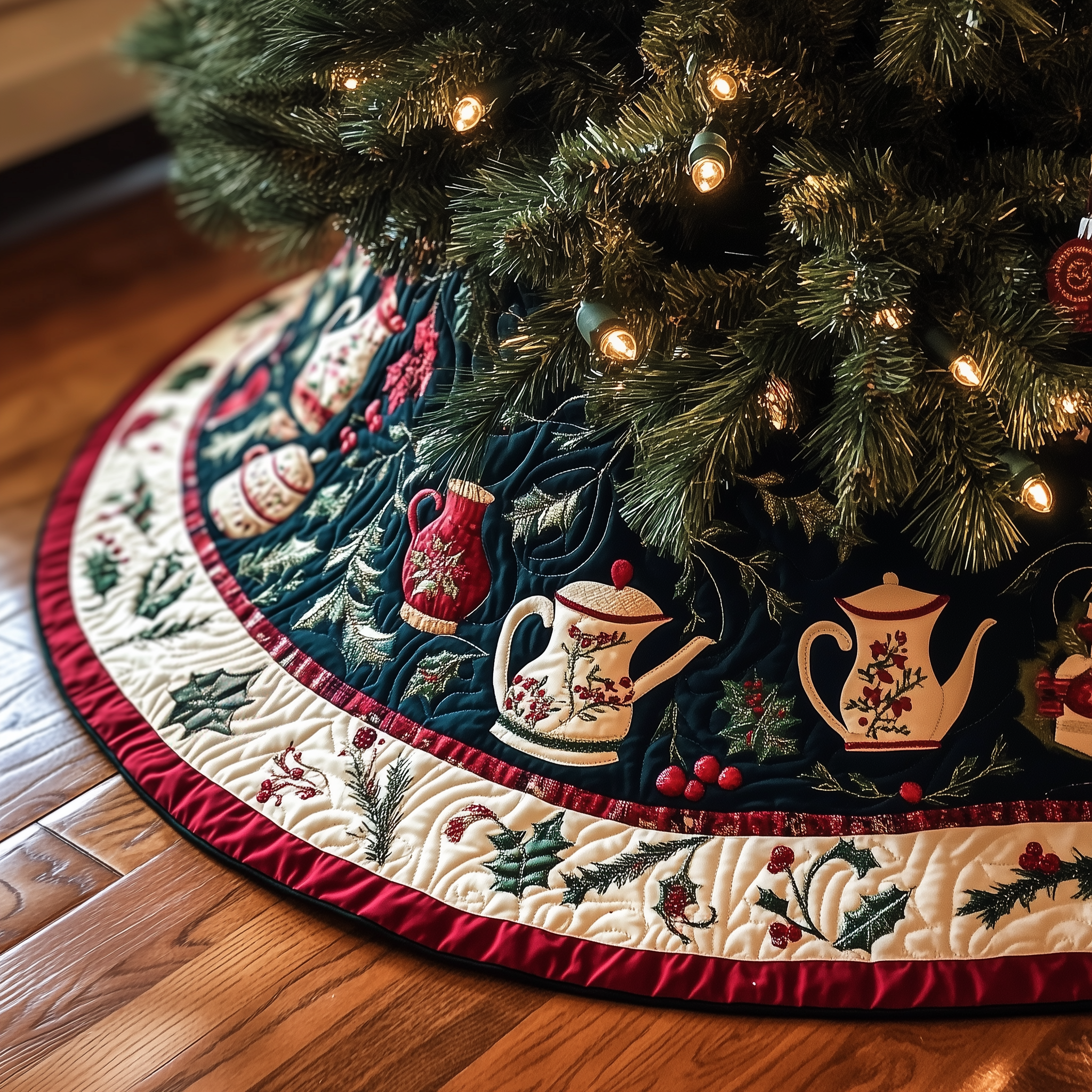 Christmas Teapot Quilted Tree Skirt Xmas Tree Base Cover Decorations Christmas Gifts For Tea Drinkers