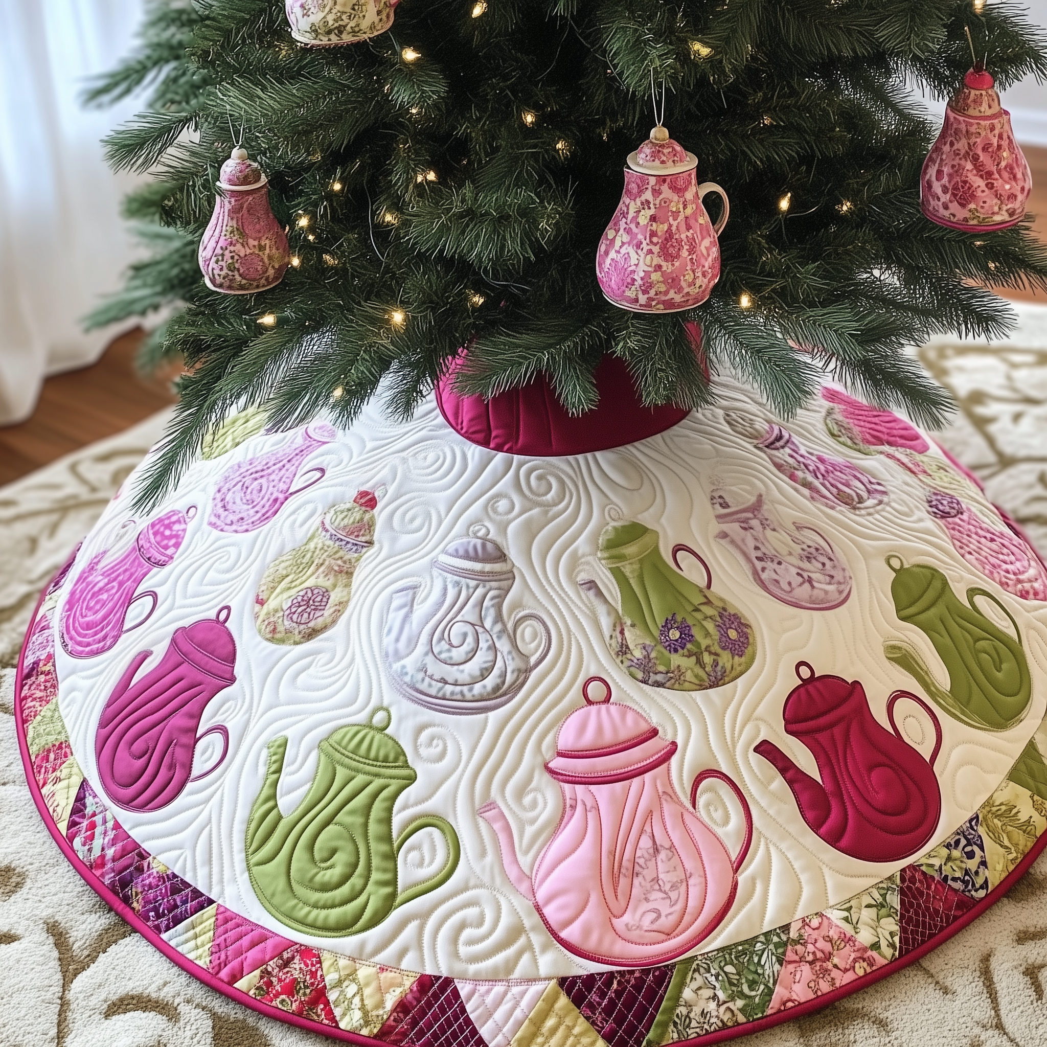 Christmas Teapot Quilted Tree Skirt Xmas Tree Base Cover Decorations Christmas Gifts For Tea Drinkers
